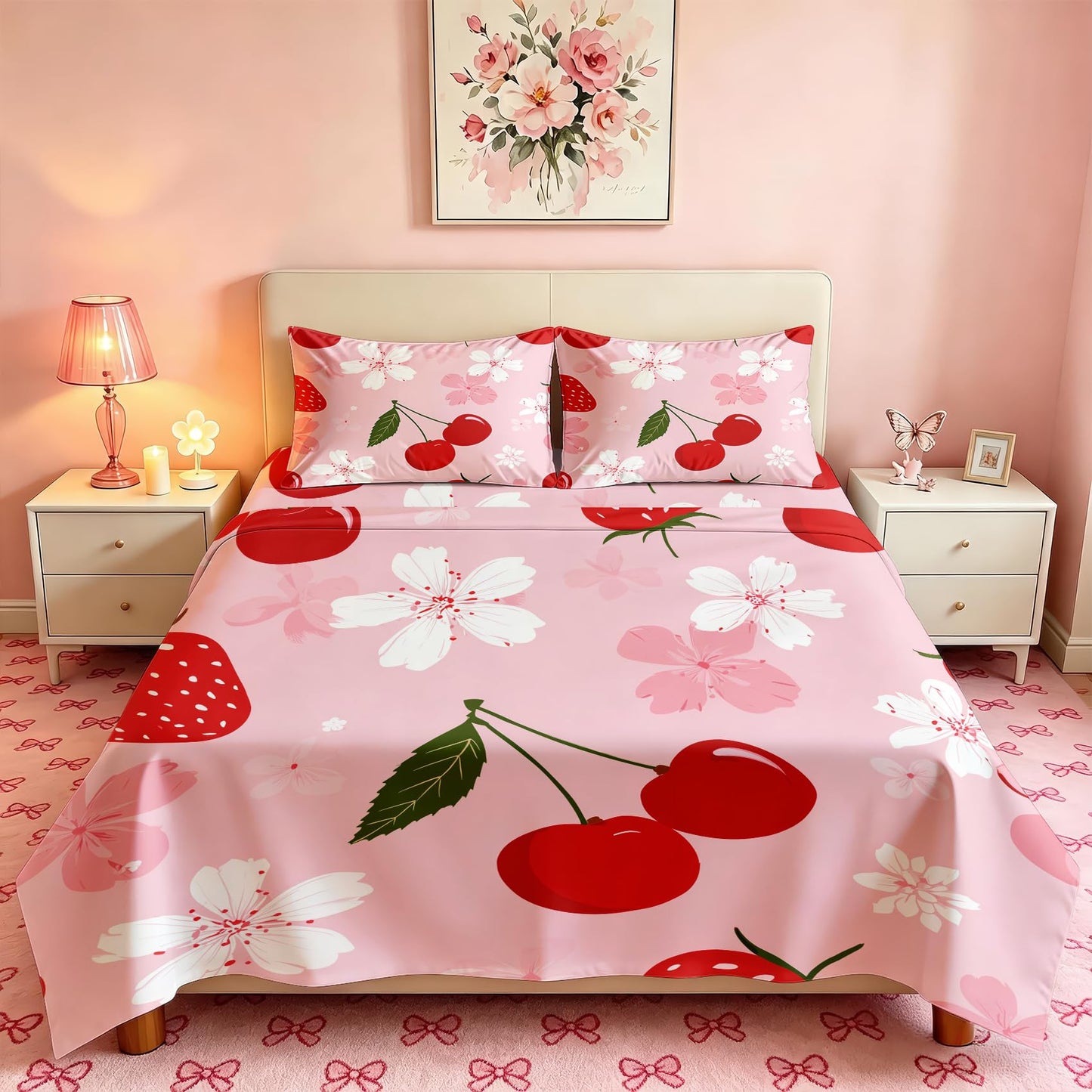 Cherry Blossom Sheet Set, 4 Pcs Full Size Girls Pink Bed Sheets