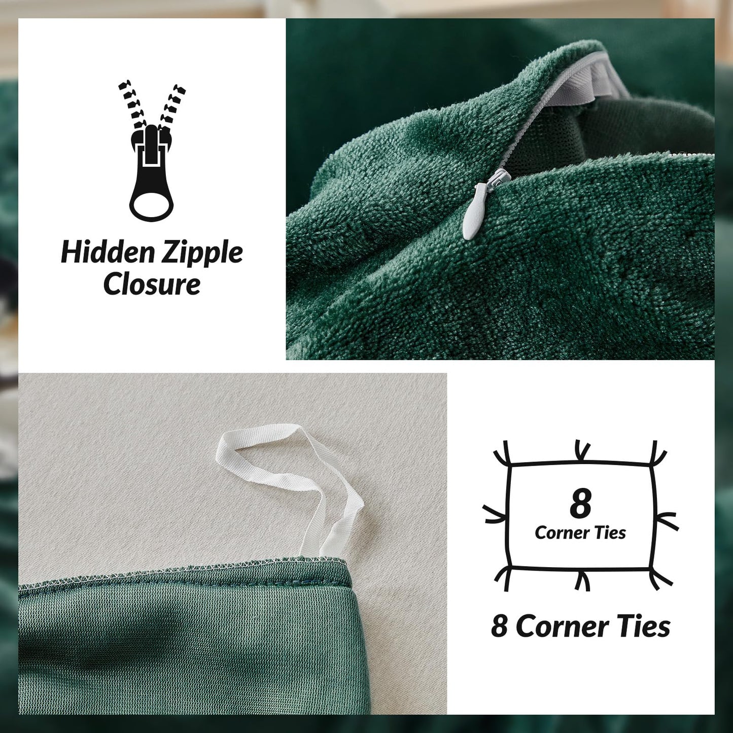 WARMDERN Emerald Green Velvet Duvet Cover Set Queen Size, Luxury Milk Velvet Bedding Duvet Cover with Zipper Closure, 3pcs Ultra Soft Duvet Covers for All Seasons, 90" x 90", Emerald Green