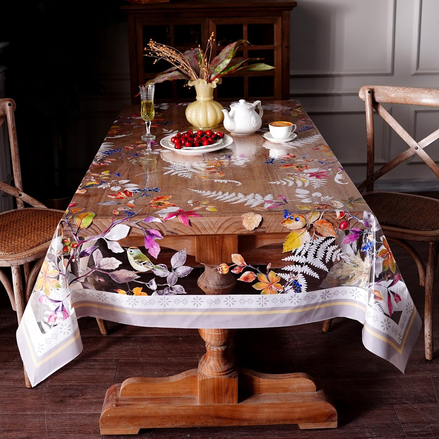 Artbloss Clear Table Cover Protector Vinyl Table Cloth Oil Spill Proof Vintage Rustic Plastic Table Covers for Dining Tables (Birds, 52 x 70 Inches)