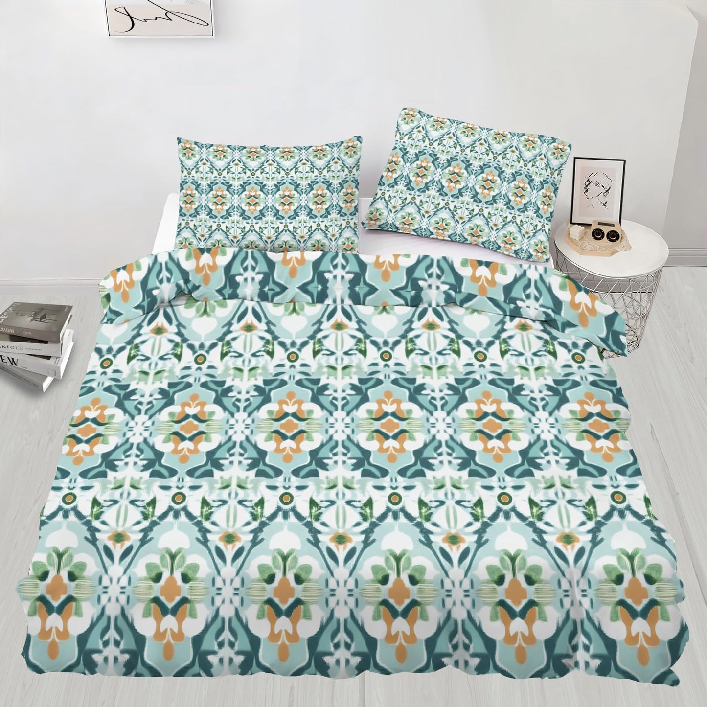 ZAMODE Southwestern Duvet Cover 120" x 98", Vintage Teal Flower Bedding Set, Mid Century Modern Comforter Cover with Zipper Ties