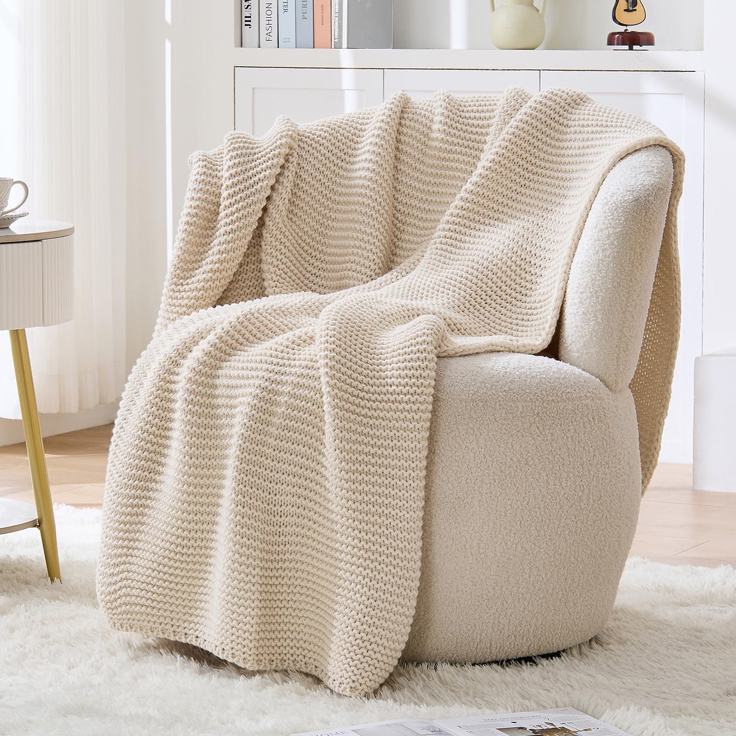 Cable Knit Throw Blanket for Couch, Beige Throw Blanket, Soft Cozy Stretchy Reversible Garter Knitted Blankets for Bed, 50"x60", Light Beige
