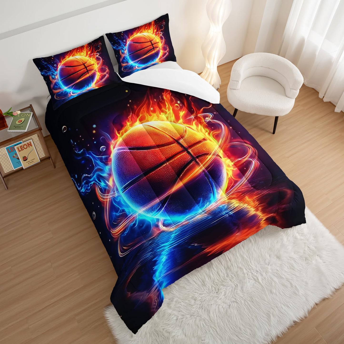 HOSIMA Twin Bedding Sets for Kids,Basketball Wrapped in Red Blue Flames,Cool Extreme Sports Bedding for Teens Boys Room Decor,Soft Lightweight Basketball Comforter with 2 Pillowcases.