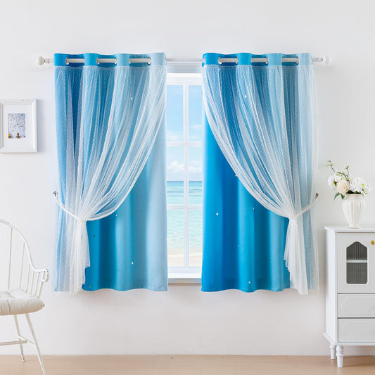 MYSKY HOME Kids Curtains Blue for Boys Bedroom Decor 63 Inches Long Ombre for Living Room Nursery, Thermal Insulated Blackout Star Cut Out Curtain Grommet Drapes, W52 x L63 Inches, 2 Panels