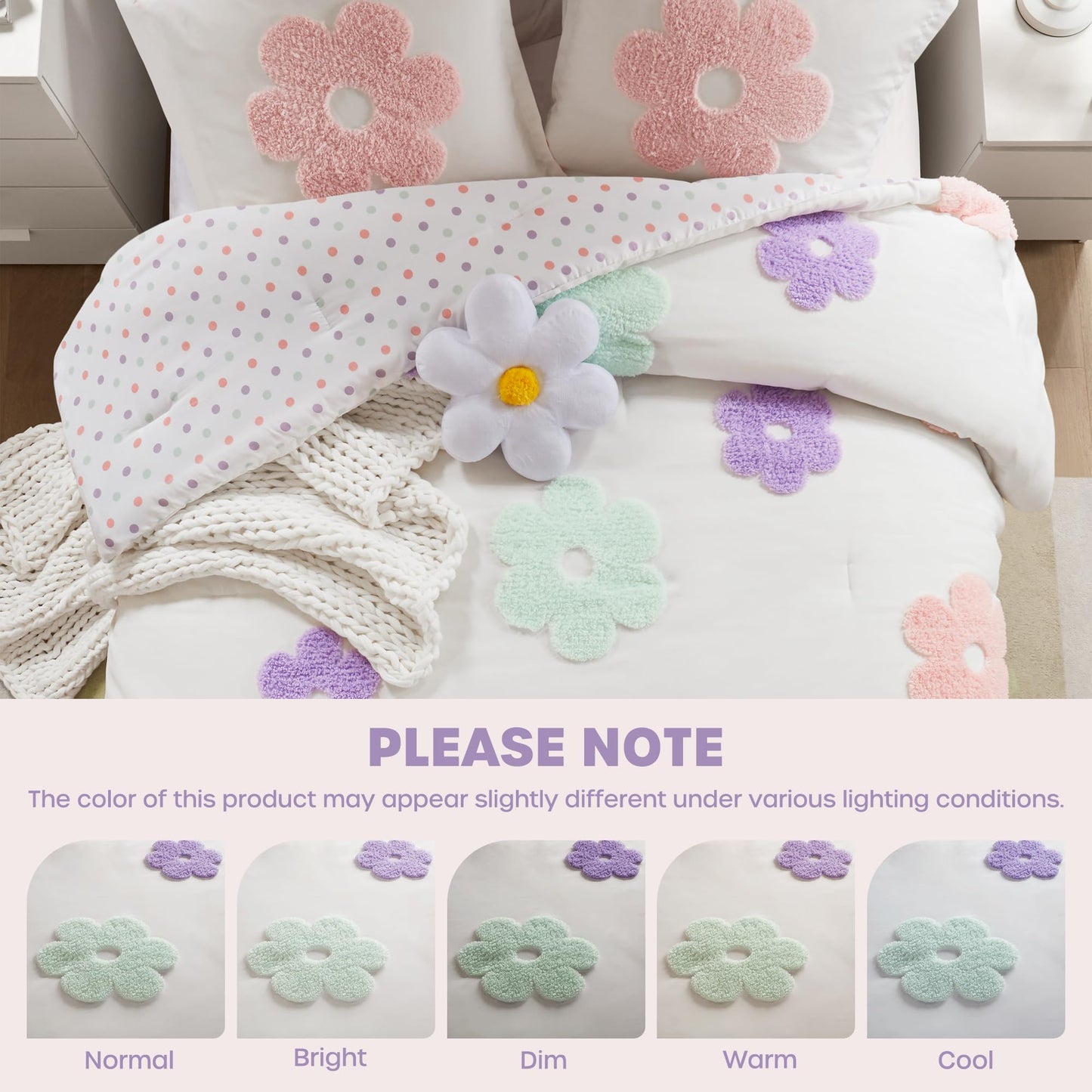 Intelligent Design Kids Full Comforter Set for Girls, Tufted Chenille Floral Comforter Set Queen, Lightweight Polka Dot Reversible Bed Set, Shams, Pillow, Gracie, Full/Queen White/Purple 4 Piece