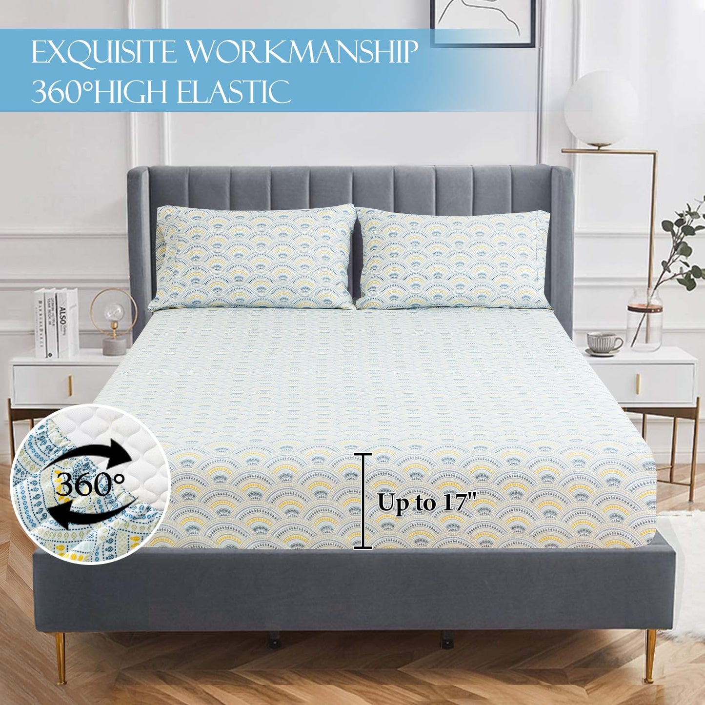 KACEMOO Queen Bed Sheet Set, 4PC Boho Sheets Queen Pattern Blue Floral Bed Sheet Cooling Soft 17”Deep Pocket Microfiber Brushed Sheet, Easy Care, Breathable, Wrinkle Free, Machine Washable Bed Set