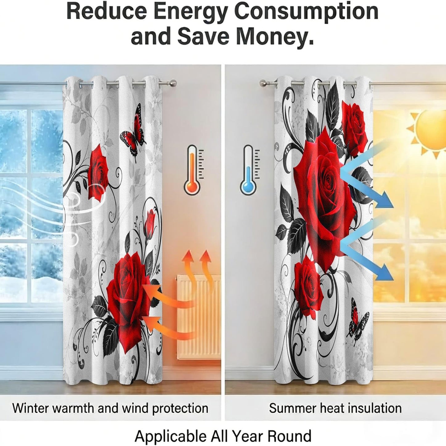 Blackout Curtains Grommet Top 2 Panels, 29.5"W x 45"L, Vintage Red Rose Black Vine Butterfly Window Drapes, Thermal Insulated Room Darkening Gothic Curtains for Living Room Bedroom Dining Room