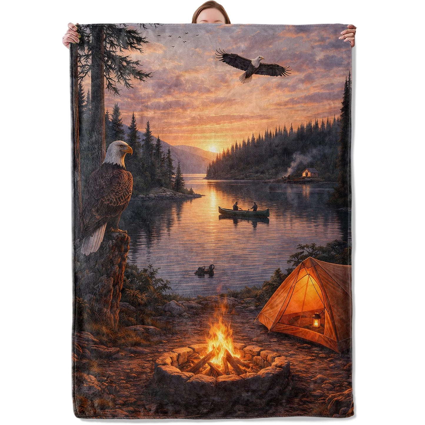 Camping Lake Sunset Throw Blanket Gifts for Kids Women, Soft Warm Wilderness Campfire Eagle Canoe Forest Flannel Blankets for Living Room Sofa Home Bedroom Decor 50" x 60"