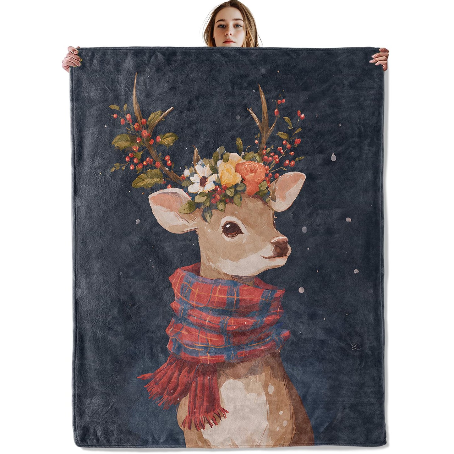 VOPNXLT Cute Winter Reindeer Blanket, Soft Cozy Lightweight Christmas Deer with Plaid Scarf Throw Blanket for Girls Women Kids, Sofa Couch Bed 50x60 Inch Flannel Animal Blankets for Travel Decor Gifts