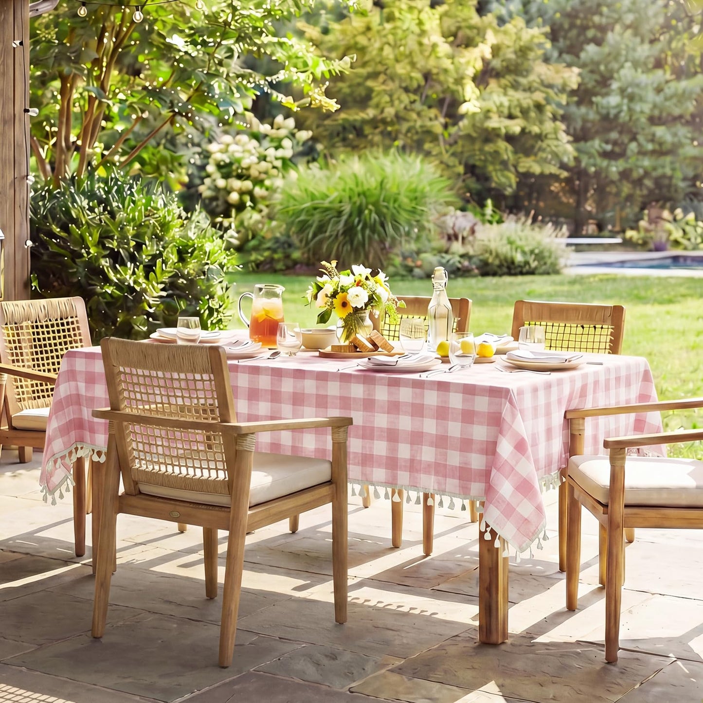 Softalker Pink Gingham Tablecloth Rectangle, Outdoor Linen Cotton Checkered Table Cloth with Tassel, Heavy Duty Wrinkle Free Buffalo Plaid Table Cover for Kitchen Dining Home Party - 55 x 84 Inch