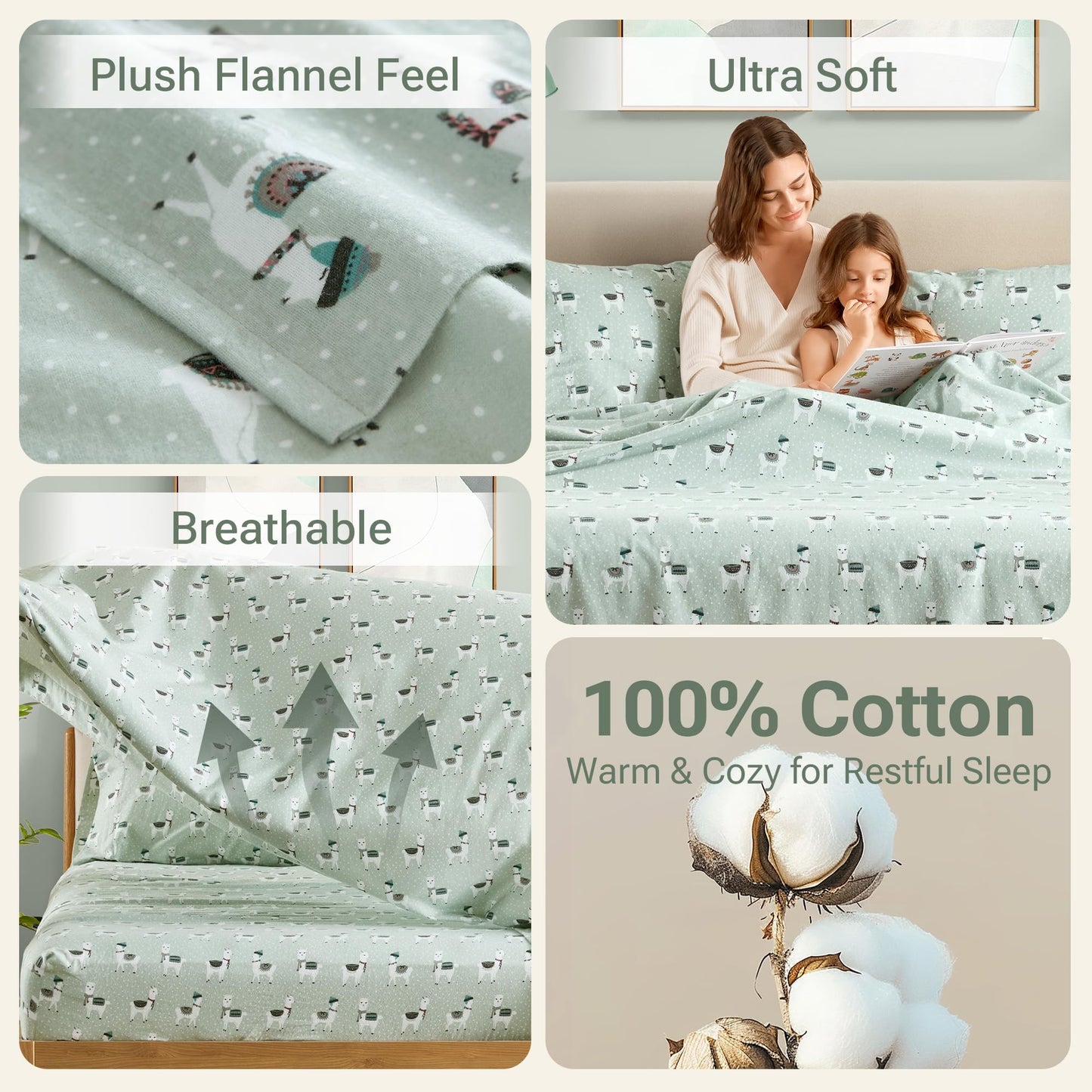 True North by Sleep Philosophy Flannel Sheets Queen Size, Cozy 100% Cotton Flannel Bed Sheets, Ultra Soft Cute Sheet Set, Novelty Print Themed Cold Weather Warm Bedding Set, Seafoam Llama 4 Piece