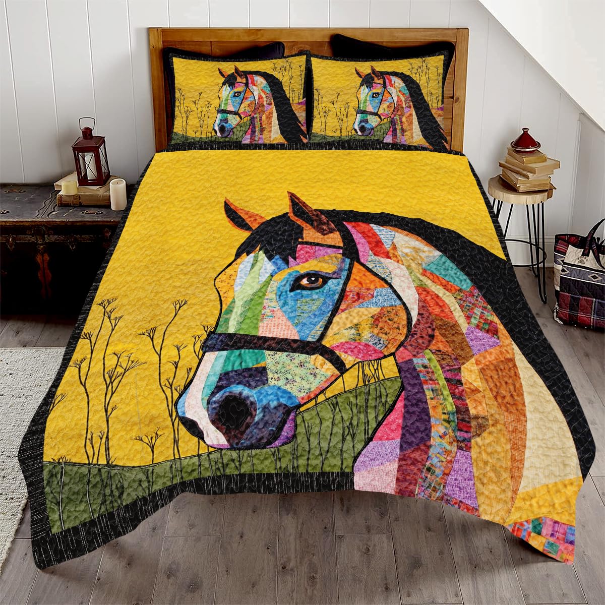 Jeminise Horse Patchwork Pattern Quilt, Animal Farmhouse Quilt Set Patchwork Style, Premium Pattern Printed Quilts, Bedding Present for Mother Christmas