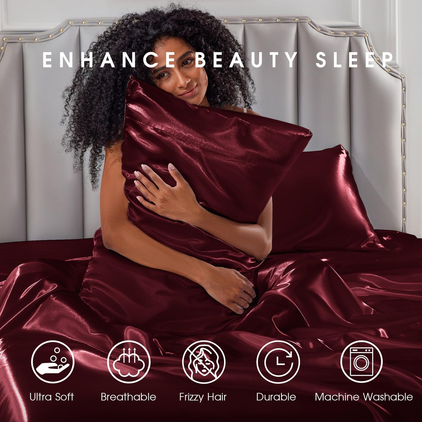 FreshCulture Satin Sheets Full Size - 4 Piece Luxury Soft Silky Full Size Bed Sheets, Similar to Silk Bed Sheet Set with 1 Deep Pocket Fitted Sheet, 1 Flat Sheet & 2 Pillowcases (Burgundy)