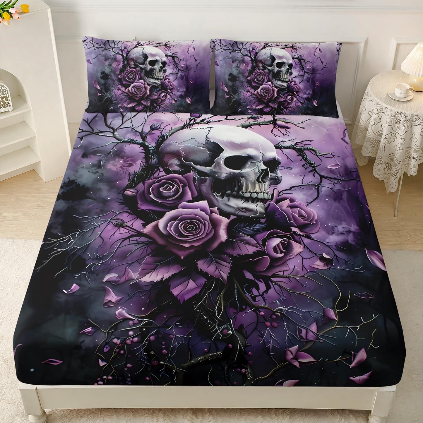 HOSIMA Death Skull Twin Fitted Sheet,Skull Surrounded by Flowers Print Gothic Bedding Set,Branch Pattern Horror Themed Halloween Bedding for Boys Girls Room Decor,1 Fitted Sheet+2 Pillowcases.