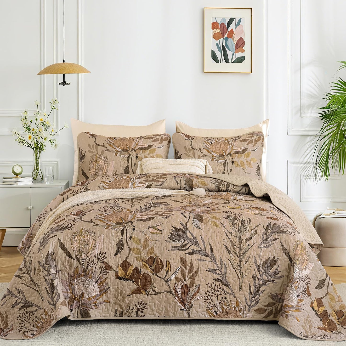 Dintszyayue Quilt Queen Size Brown, 3 Pieces Boho Floral Bedspread Bedding for Queen Size Bed, Soft Lightweight Microfiber Coverlet Set for All Season Quilt with 2 Pillowcases