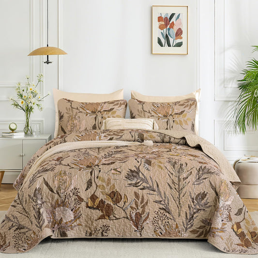 Dintszyayue Quilt Queen Size Brown, 3 Pieces Boho Floral Bedspread Bedding for Queen Size Bed, Soft Lightweight Microfiber Coverlet Set for All Season Quilt with 2 Pillowcases