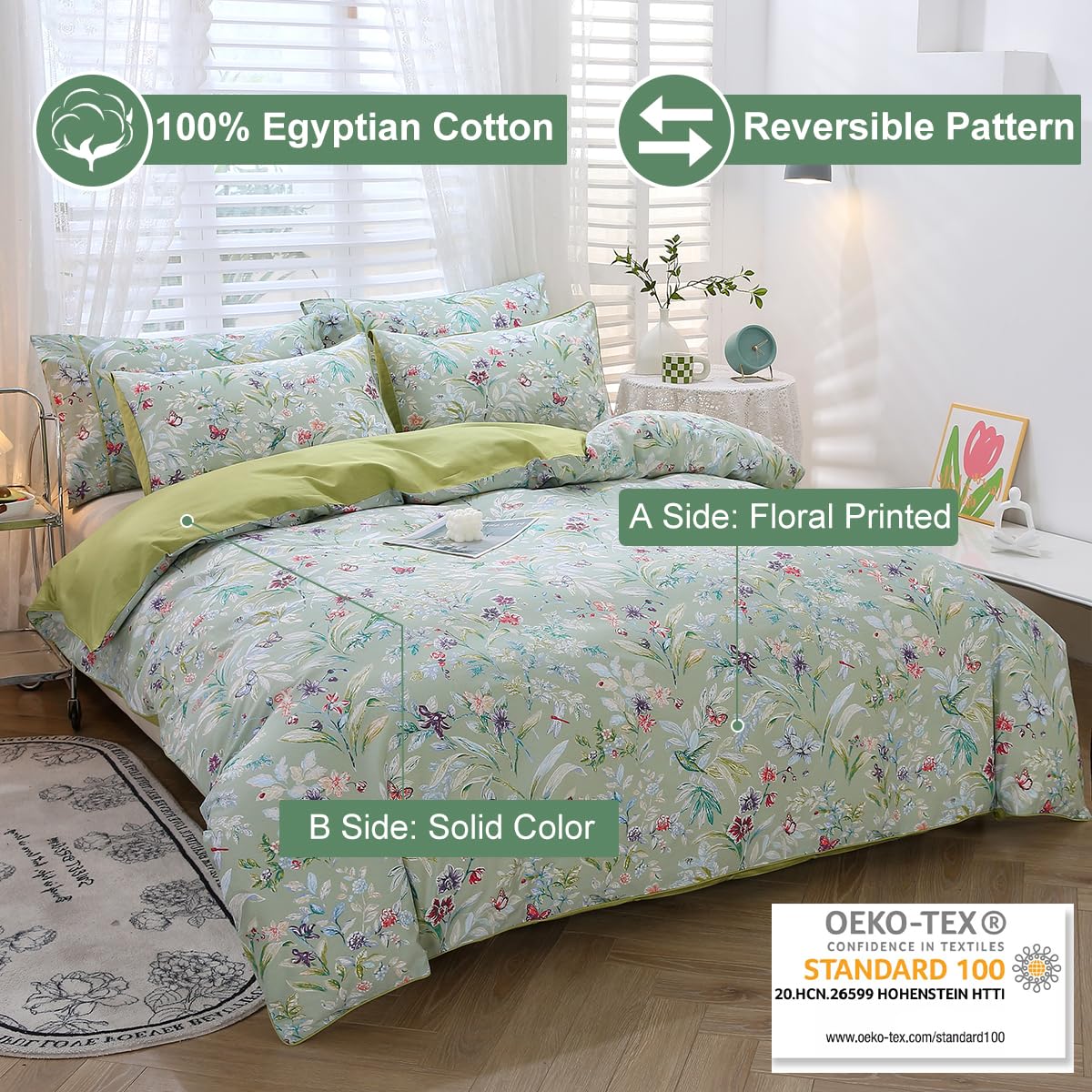 URBONUR 100% Cotton Duvet Cover Set Twin Size 3 Piece Green Floral Butterfly Printed Bedding Set, Soft and Breathable Comforter Cover Sets, Twin Size