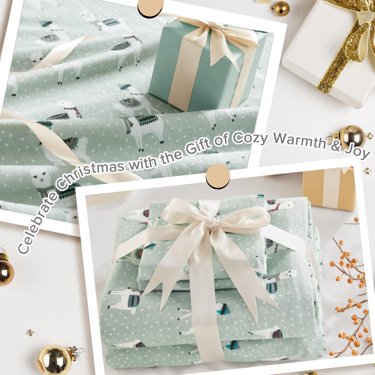 True North by Sleep Philosophy Flannel Sheets Queen Size, Cozy 100% Cotton Flannel Bed Sheets, Ultra Soft Cute Sheet Set, Novelty Print Themed Cold Weather Warm Bedding Set, Seafoam Llama 4 Piece