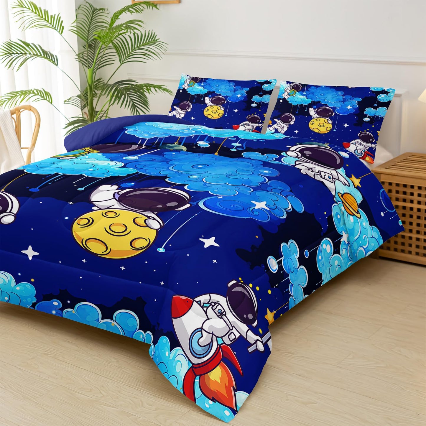lnEffble Blue Space Galaxy Comforter Set - Twin Size Astronaut Bedding With Space Themed Design, Cute Astronaut Comforter For Boys' Room Decor