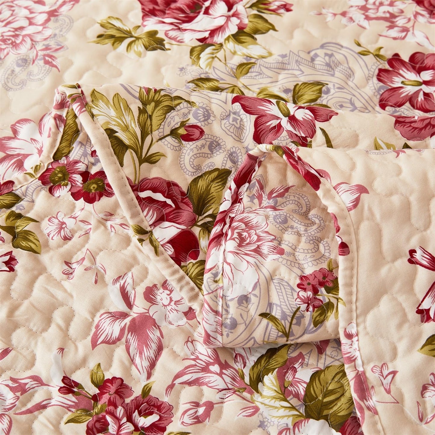 Cmfshape Summer Floral King Quilted Bedspread,Romantic Red Quilt Set,Reversible Stitched Bedding Cover All Season,Soft Lightweight Coverlet with Pillow Cases (Red Rose, King(102"x90"))