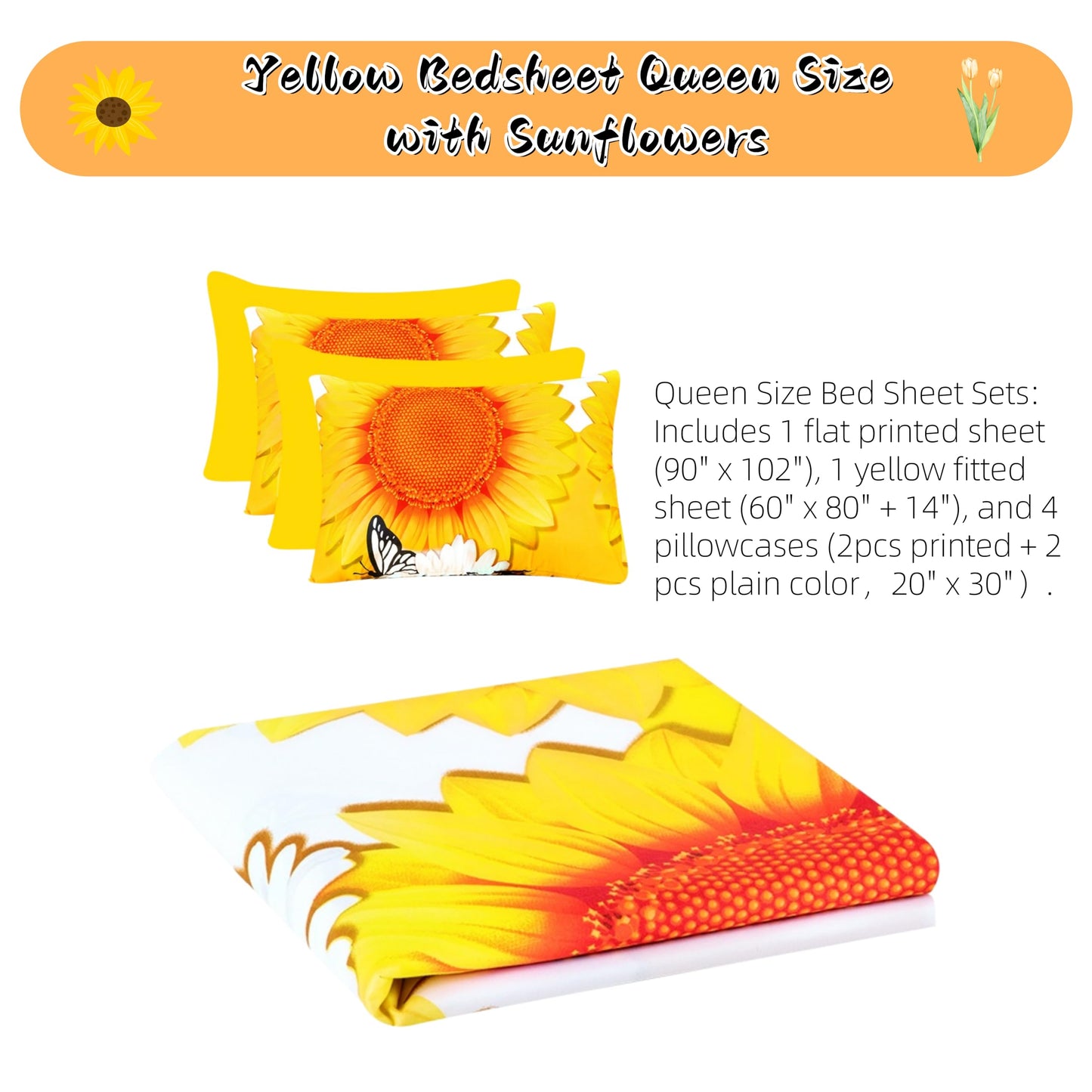 6Pcs Bed Sheet Set Queen Size, Cute Sunflower Floral Printed Soft Microfiber Bedding Sets with 1 Butterfly Patterned Sheet 1 Deep Pocket Fitted Sheet and 4 Pillowcases, Yellow