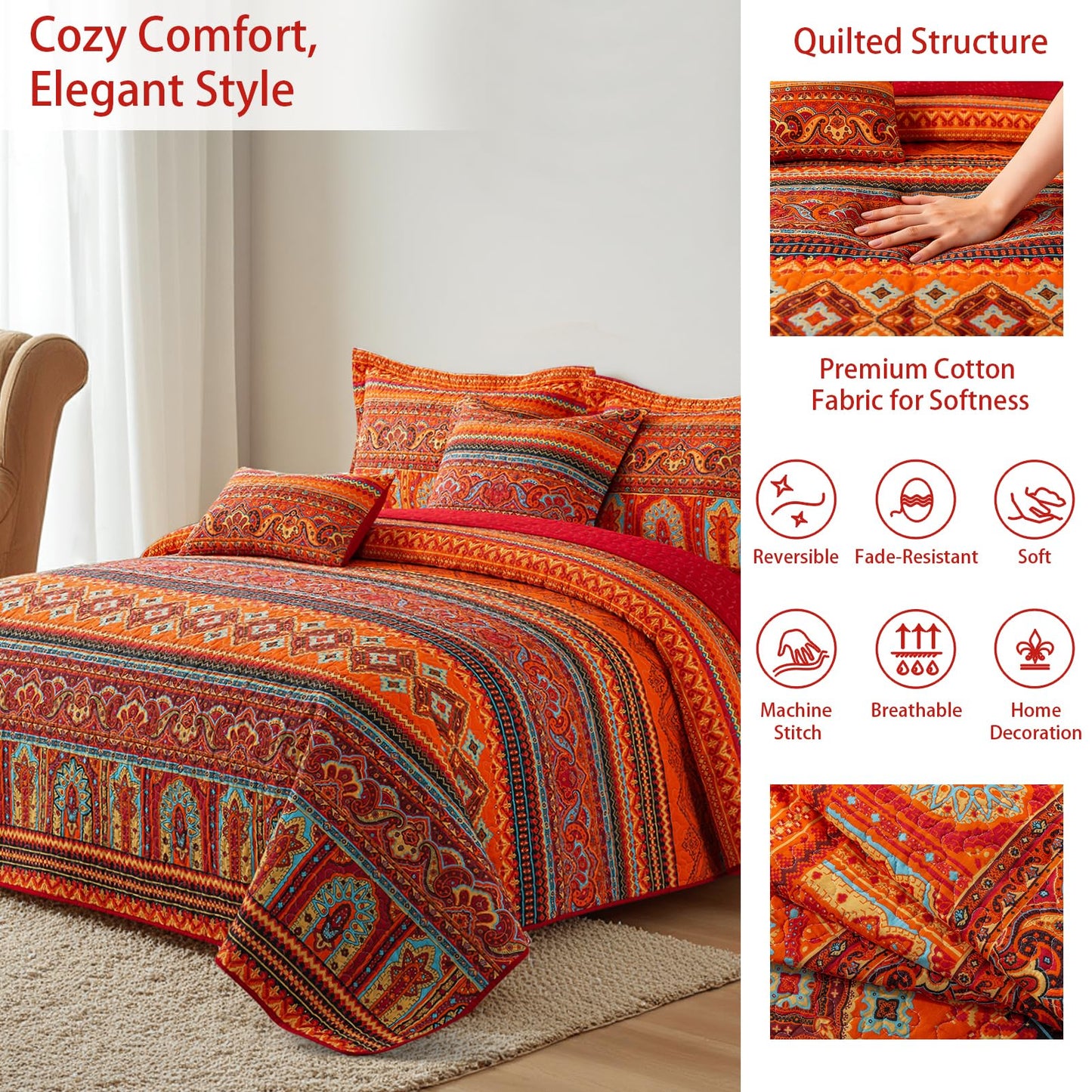 TWINRUN Cotton Quilt Queen, 3 Piece Boho Bedspread Queen Size(90 x 98 Inch)， Lightweight Vibrant Orange Red Bohemian Stripes Bedspread, Cotton Coverlet for All Seasons