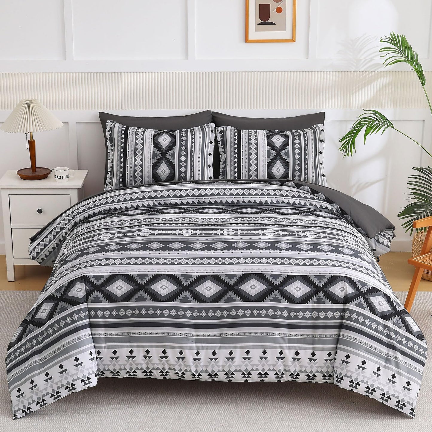 Dinjoy Dark Grey Boho Comforter Set Queen Size,7 Pieces Bed in a Bag for Men Gray Bedding Sets with Sheets Aztec Comforters Striped Complete Set for Summer 90"x90"
