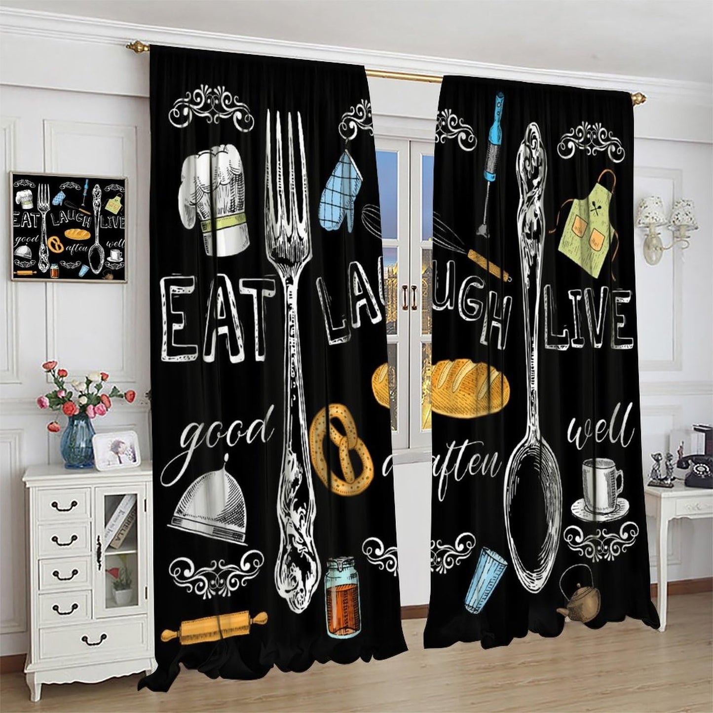 Djaby Farmhouse Retro Kitchen Curtains, Vintage Fork Spoon Cook Theme Cafe Window Treatment Drapes for Bedroom Living Room Dining Room 42" W X 45" L(No Blackout)