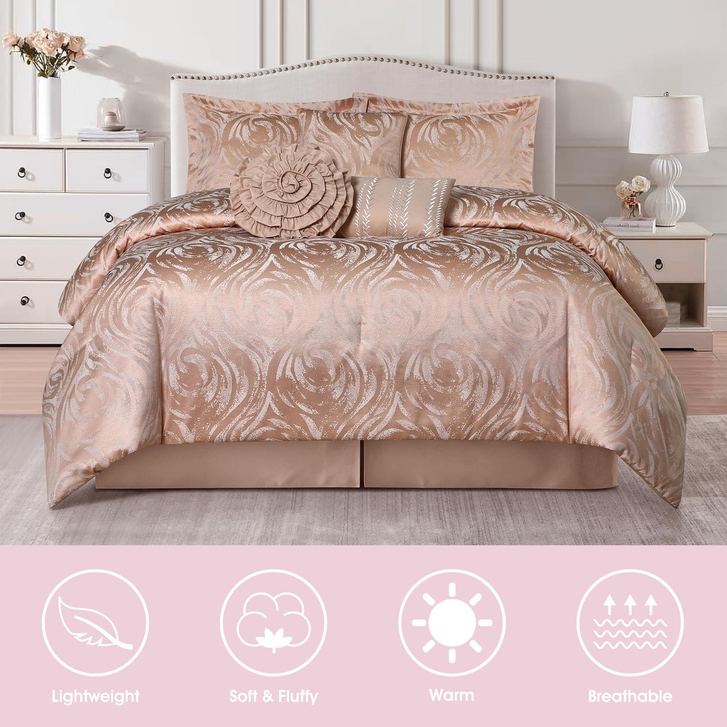 LANCO MODERN LIFESTYLE Bright Blush 7 Piece Comforter Set, King, Elegant Floral Jacquard, Ultra Soft Bed Set for All Seasons, Bed in a Bag, Include Comforter, Bed Skirt, Pillow Shams & Decor Pillows