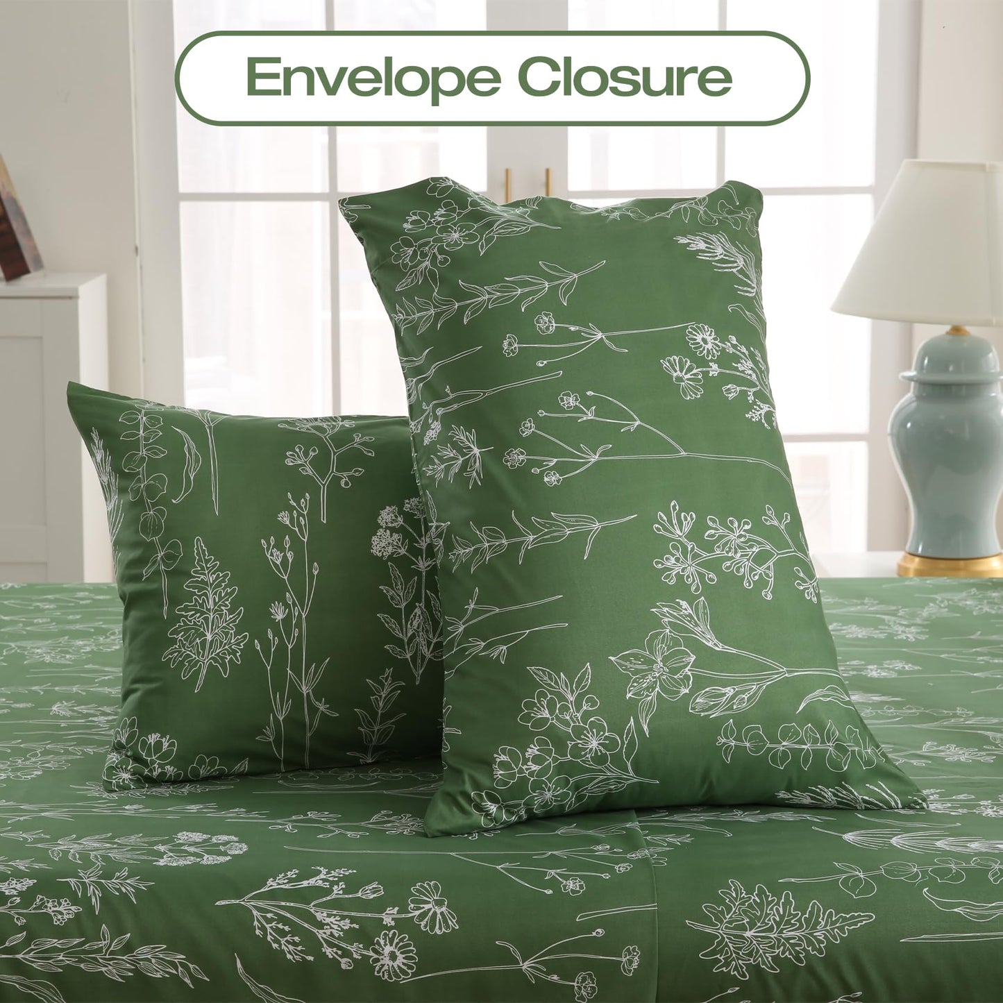 Yibeizi Green Floral Sheet Set King, Botanical Rustic Pattern Bed Sheets Boho Bedding Sheets & Pillowcases Soft Microfiber 15" Extra Deep Pocket Fitted Bedsheet 4 Piece