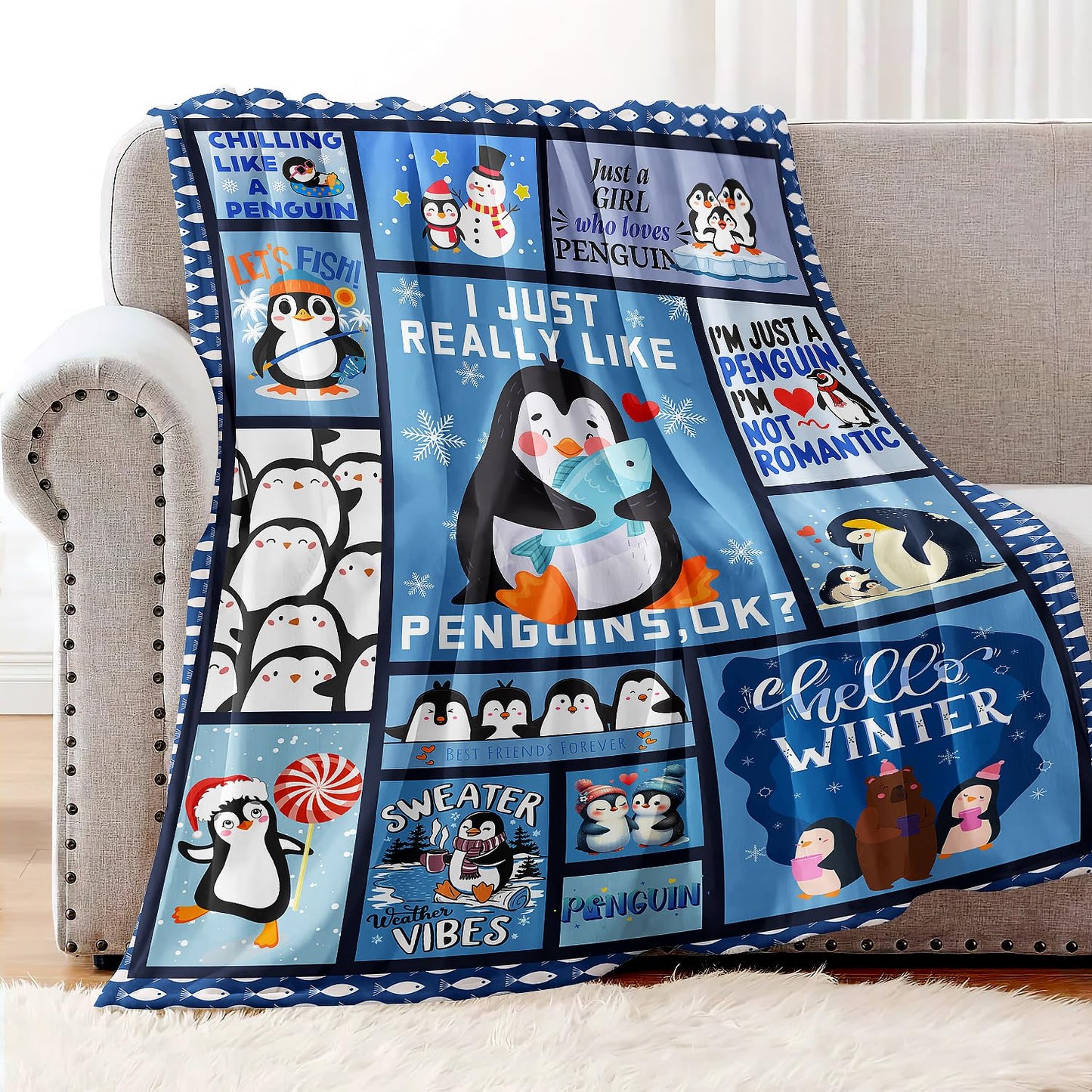 XSMEI Penguin Throw Blanket, Cute Animal Collage Design, Soft Cozy Fleece Blanket for Couch Bed, 60 x 80 Inches
