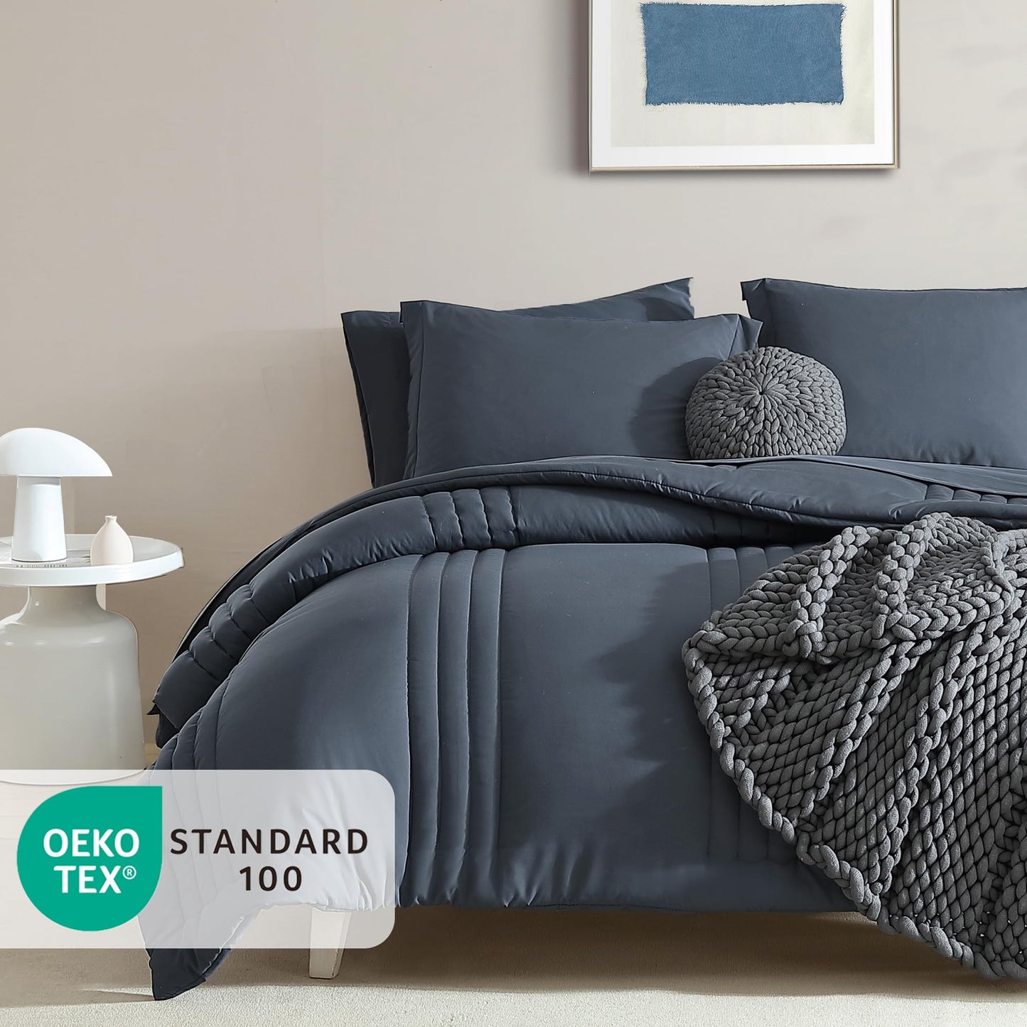 Monbix Queen Comforter Set - 7 Pieces Blue Gray Bed in a Bag Queen Bedding Sets with Comforters, All Seasons Comforter Bed Set with Sheets,Pillowcases & Shams