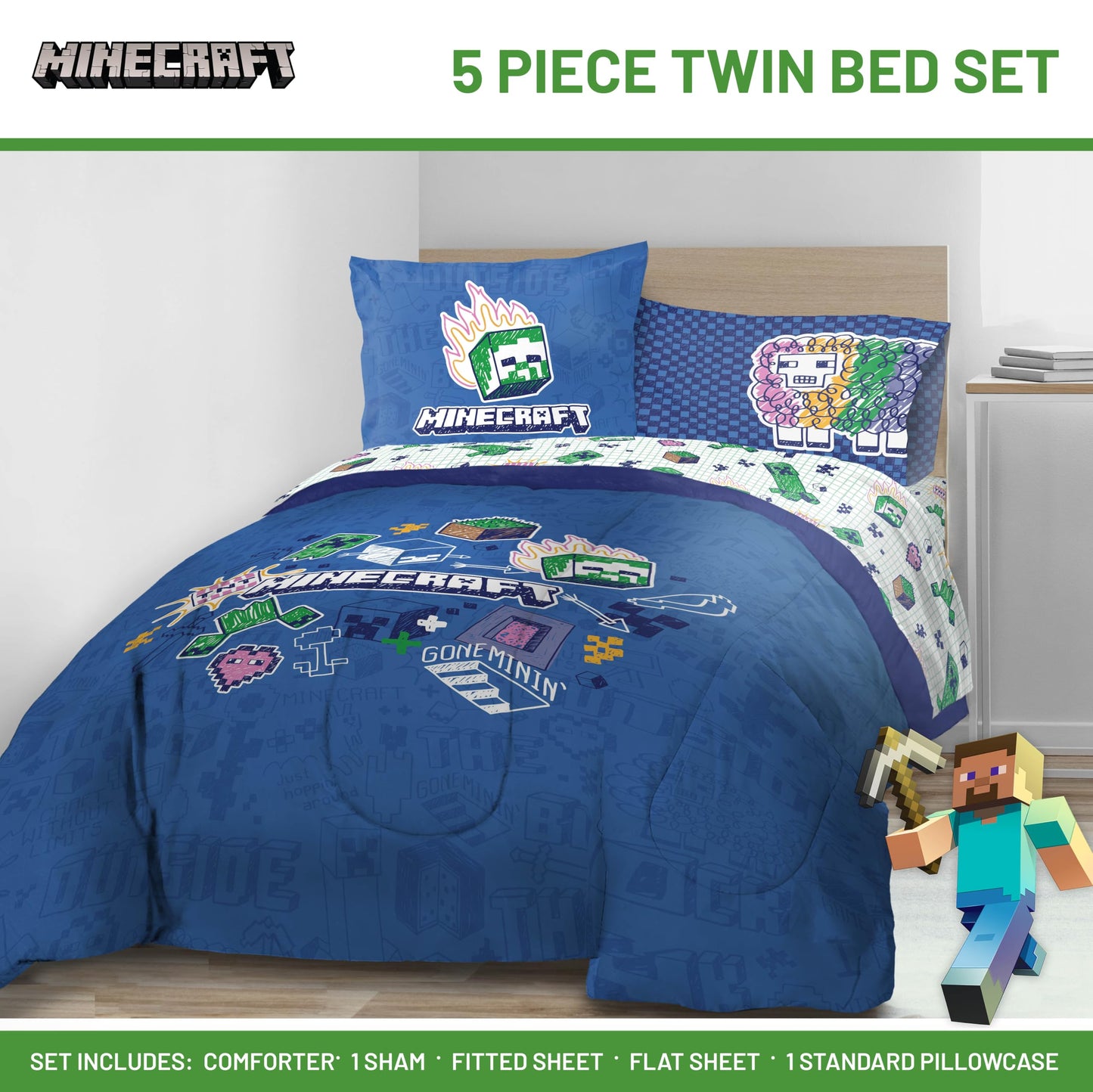 Jay Franco Kids Comforter Set Includes Sheets and Pillow Covers - Soft and Cozy Bed Set for Stylish Room Decor, Blue - Minecraft 02, 5 Piece Twin Bedding