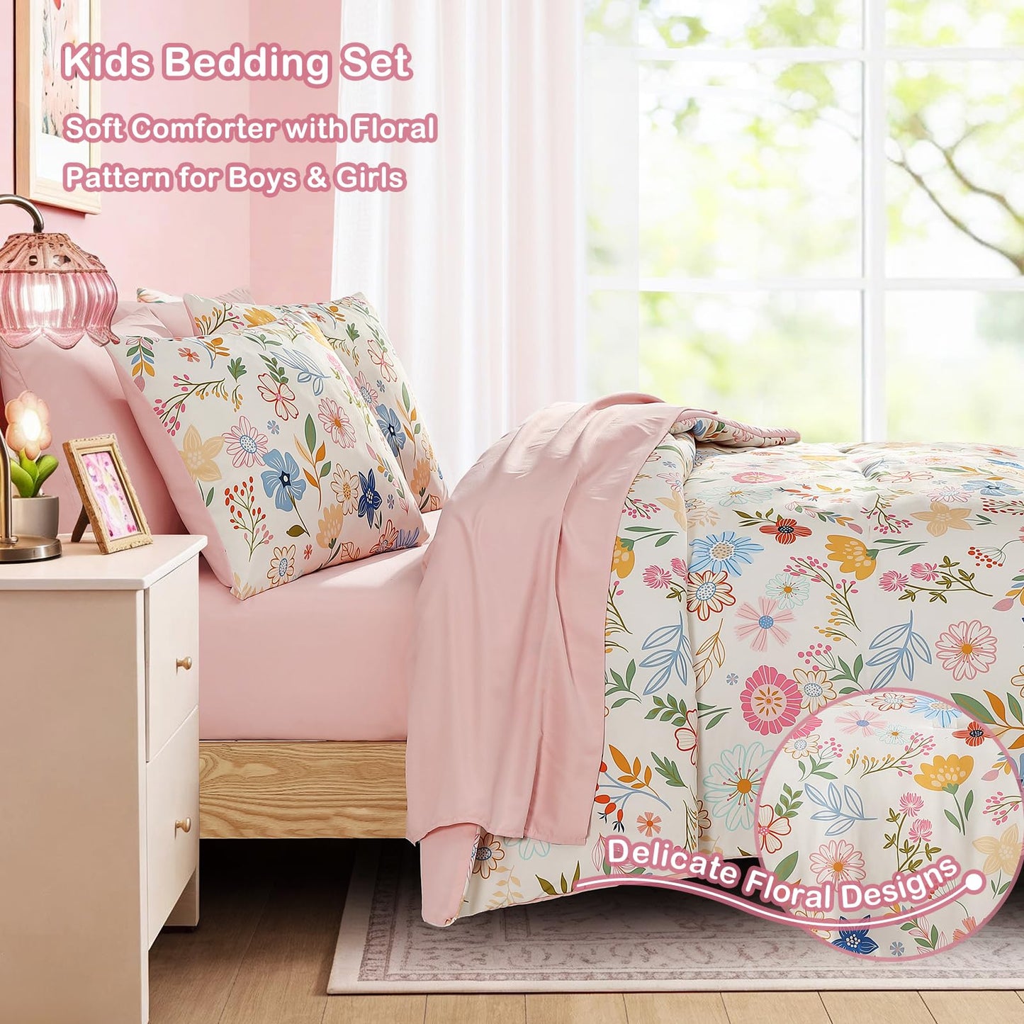 Kaleido Space Twin Comforter Set for Girls Kids - 5 Pieces Pastel Garden Patterns Twin Bedding Sets for Girls Teen, Soft Cozy Bed in A Bag with Sheets