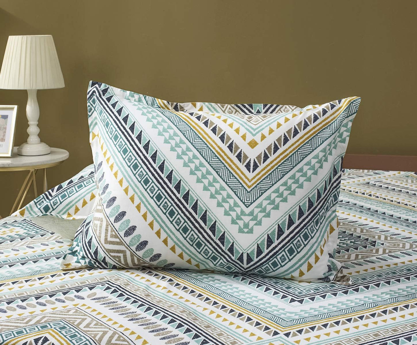 SLEEPBELLA Comforter King Size, 600 Thread Count Cotton Yellow & Dark Blue Bohemian Pattern Printed on White Reversible Comforter Sets,Down Alternative Bedding Set 3Pcs (King, Teal Geometric)