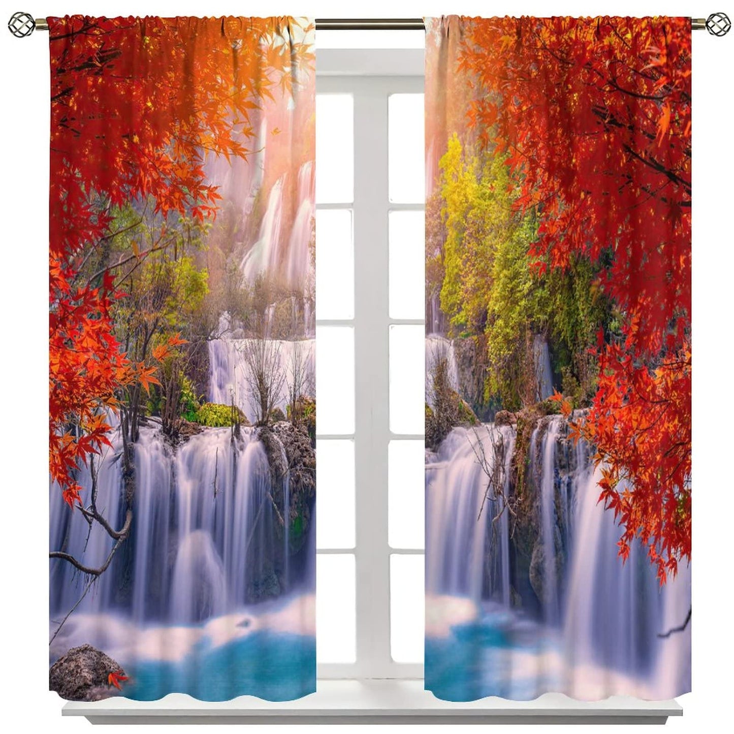GoDazzling Forest Waterfall Blackout Windows Curtains, Autumn Red Green Maple Leaves Jungle Rainforest Natural Scenery Landscape Curtains, for Living Room Bedroom 42x45in 2 Panels