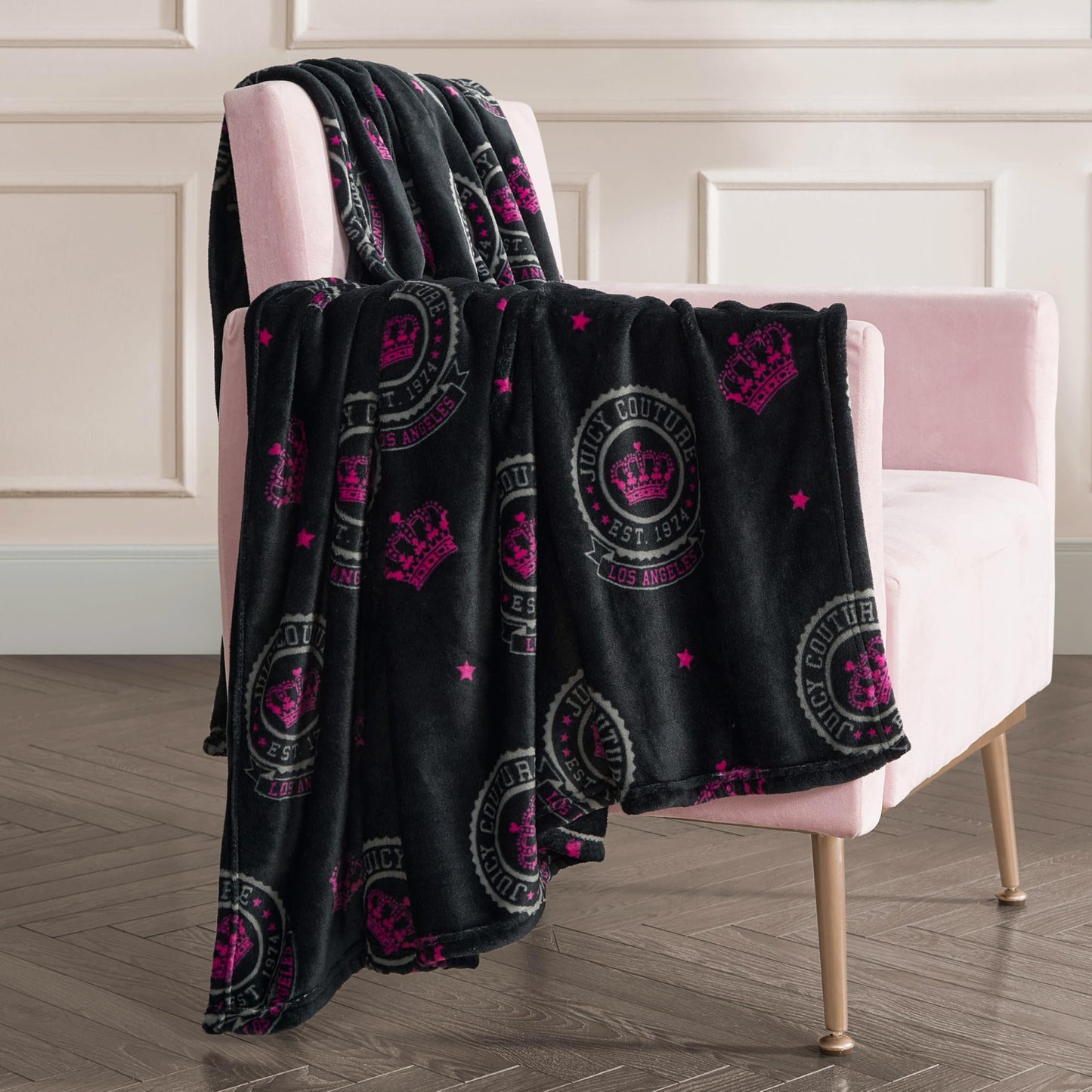 Juicy Couture - Throw Blanket, Juicy Emblem, Plush and Cozy, Decorative Blankets for Sofas, Chairs and Beds, Luxurious and Soft, Chic Home Decor, Measures 50" x 70", Emblem Black