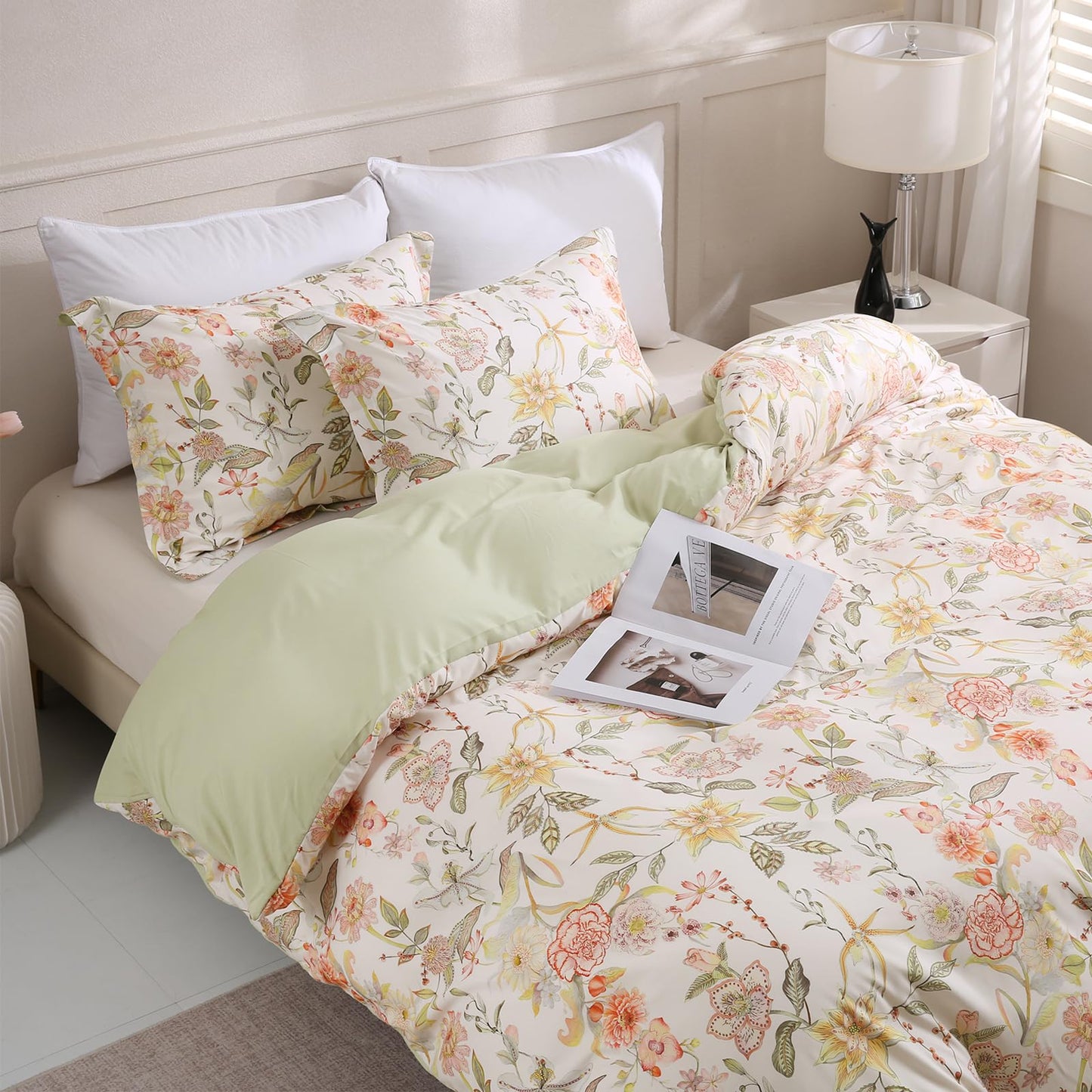 LONAVA Queen Floral 3 Pcs Duvet Cover Set, Breathable Soft Microfiber Glass Green Lining Comforter Cover with Zipper Closure, and 2 Anti-Pilling, Fade Resistant Pillowcases, Fall Floral