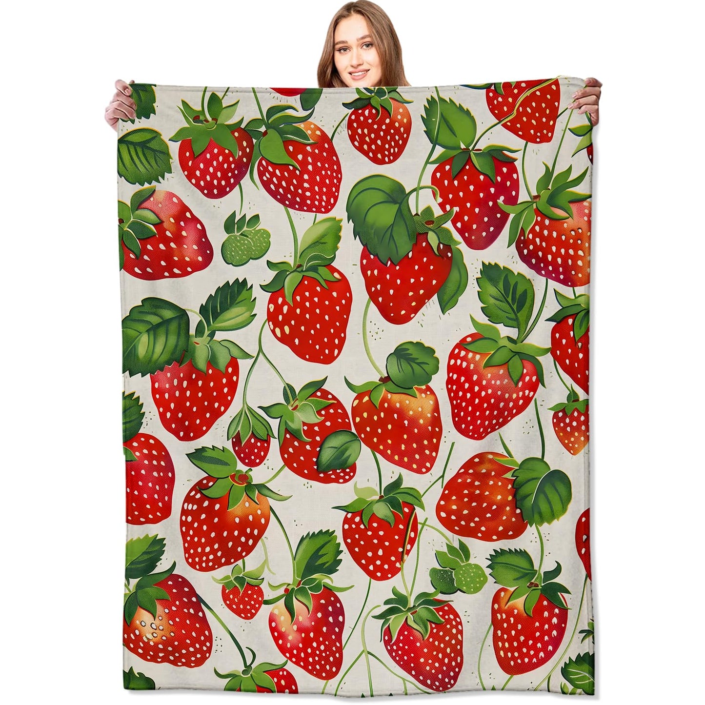 VODRM Strawberry Blanket Lush Red Strawberries Throw Blankets with Green Leaves,Birthday Gifts for Kids Adult Women,Lightweight Soft Fleece,for Sofa Couch Bed Room Farmhouse Decor 50x60in
