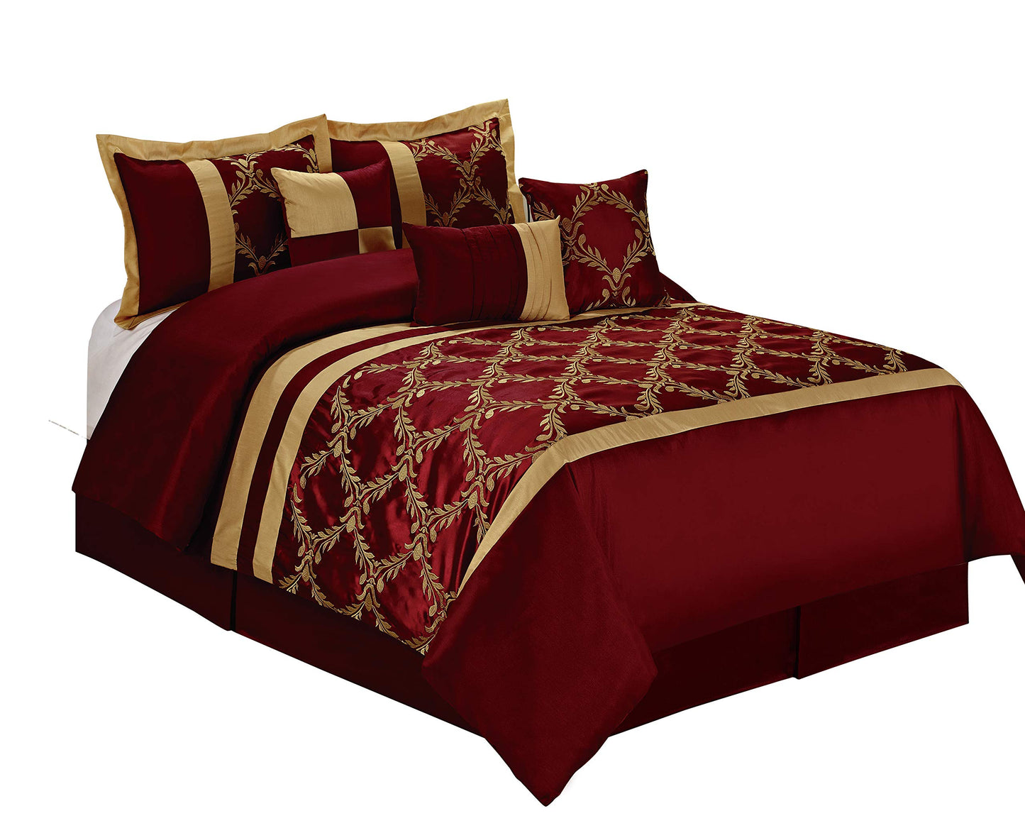 HIG 7 Piece Bed in A Bag Comforter Set King - Burgundy and Gold Faux Silk Fabric Embroidered - Breathable and Wrinkle Resistant - 1 Comforter, 2 Shams, 3 Decorative Pillows, 1 Bedskirt
