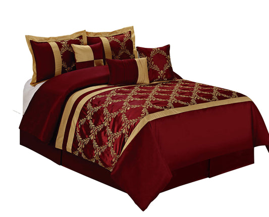 HIG 7 Piece Bed in A Bag Comforter Set King - Burgundy and Gold Faux Silk Fabric Embroidered - Breathable and Wrinkle Resistant - 1 Comforter, 2 Shams, 3 Decorative Pillows, 1 Bedskirt