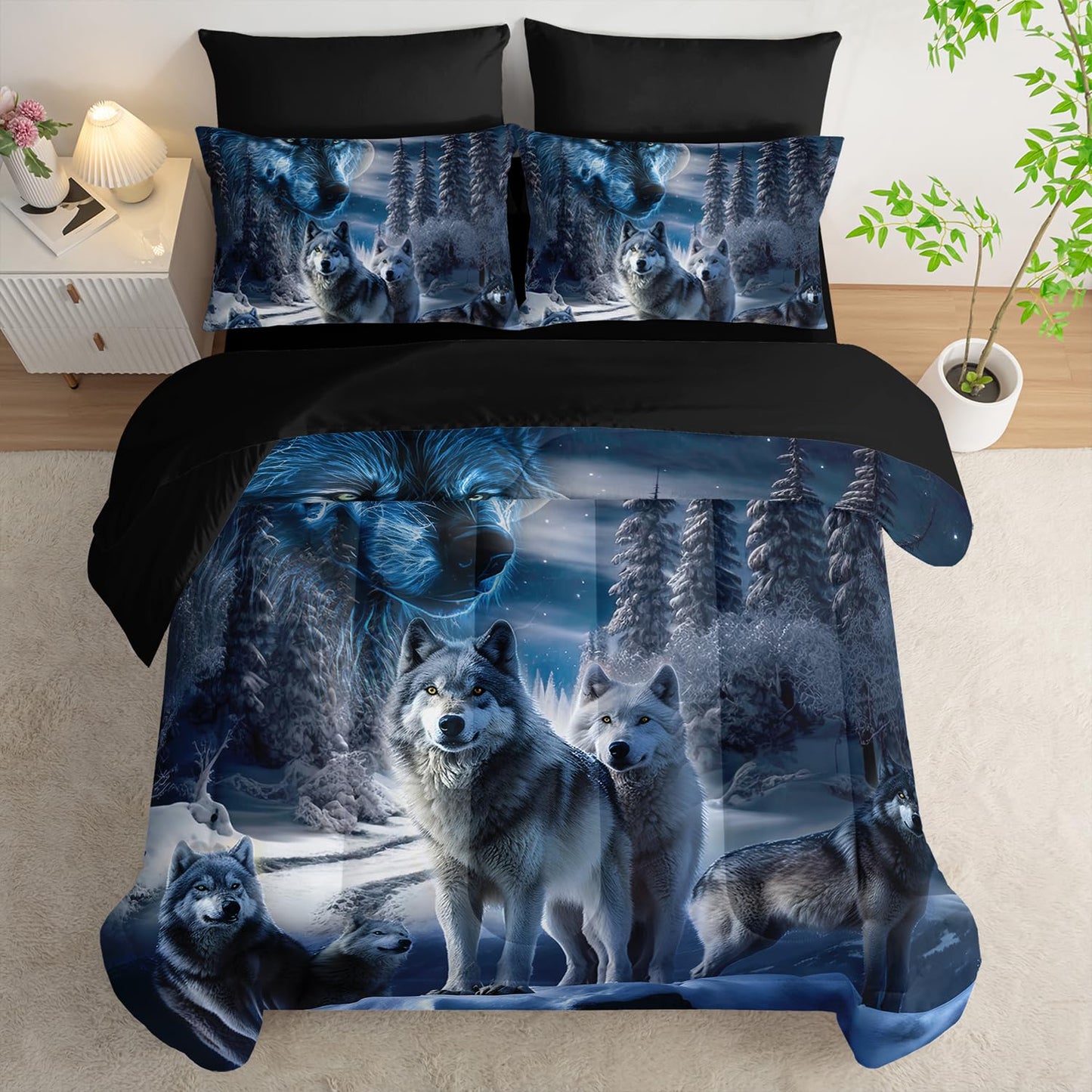 AILONEN Boys Snow Wolf Comforter Set Full 7-Piece Bed in a Bag - Printed Bedding Set for Kids Adults, Safari Animal Comforter, Fitted Sheet, Flat Sheet, 2 Pillowcases, 2 Pillow Shams - Black