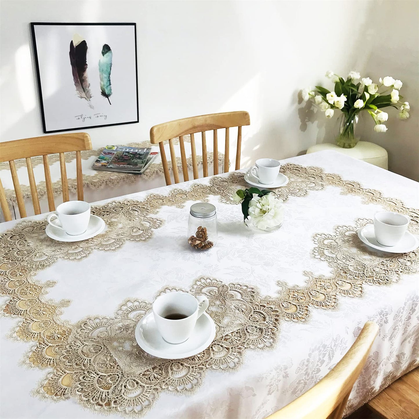 BrekSdat Lace Tablecloth Fabric Washable Beige 60x120inch