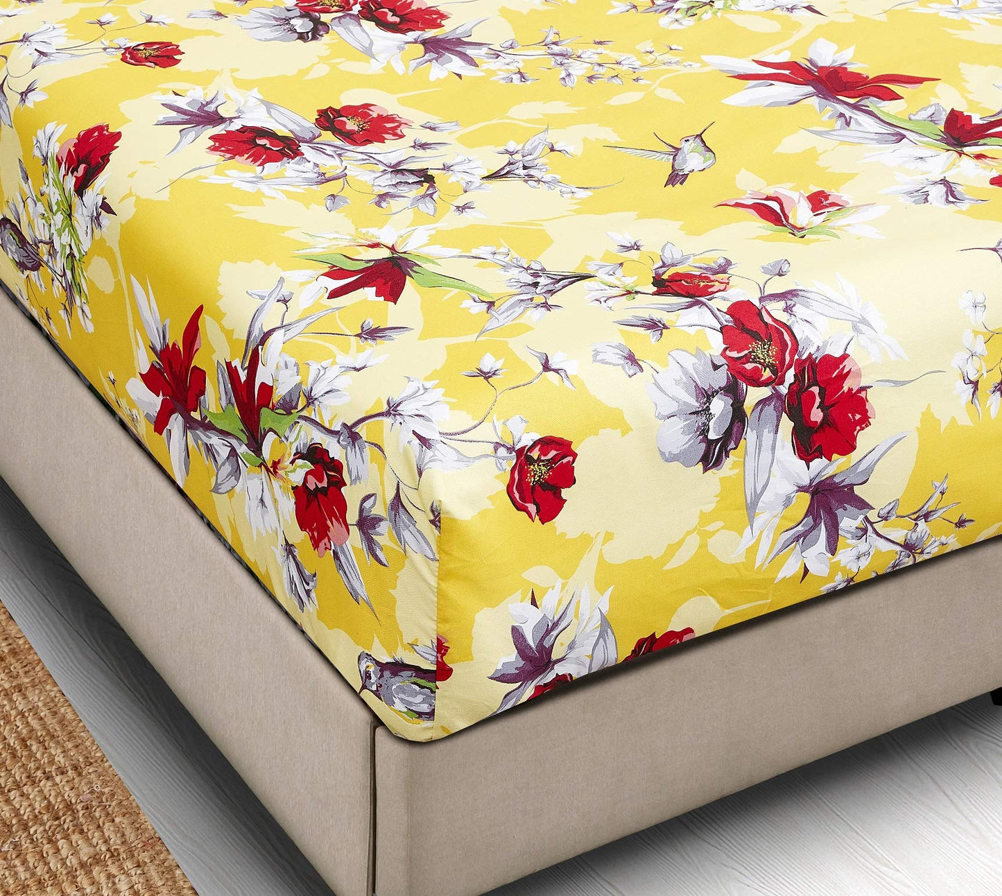 DaDa Bedding Radiant Sunshine Birds Floral Yellow Fitted Sheet - Spring Time Hummingbirds Bright Vibrant Multi-Colorful Red Flowers w/Pillow Cases Set - Full Size - 3-Pieces