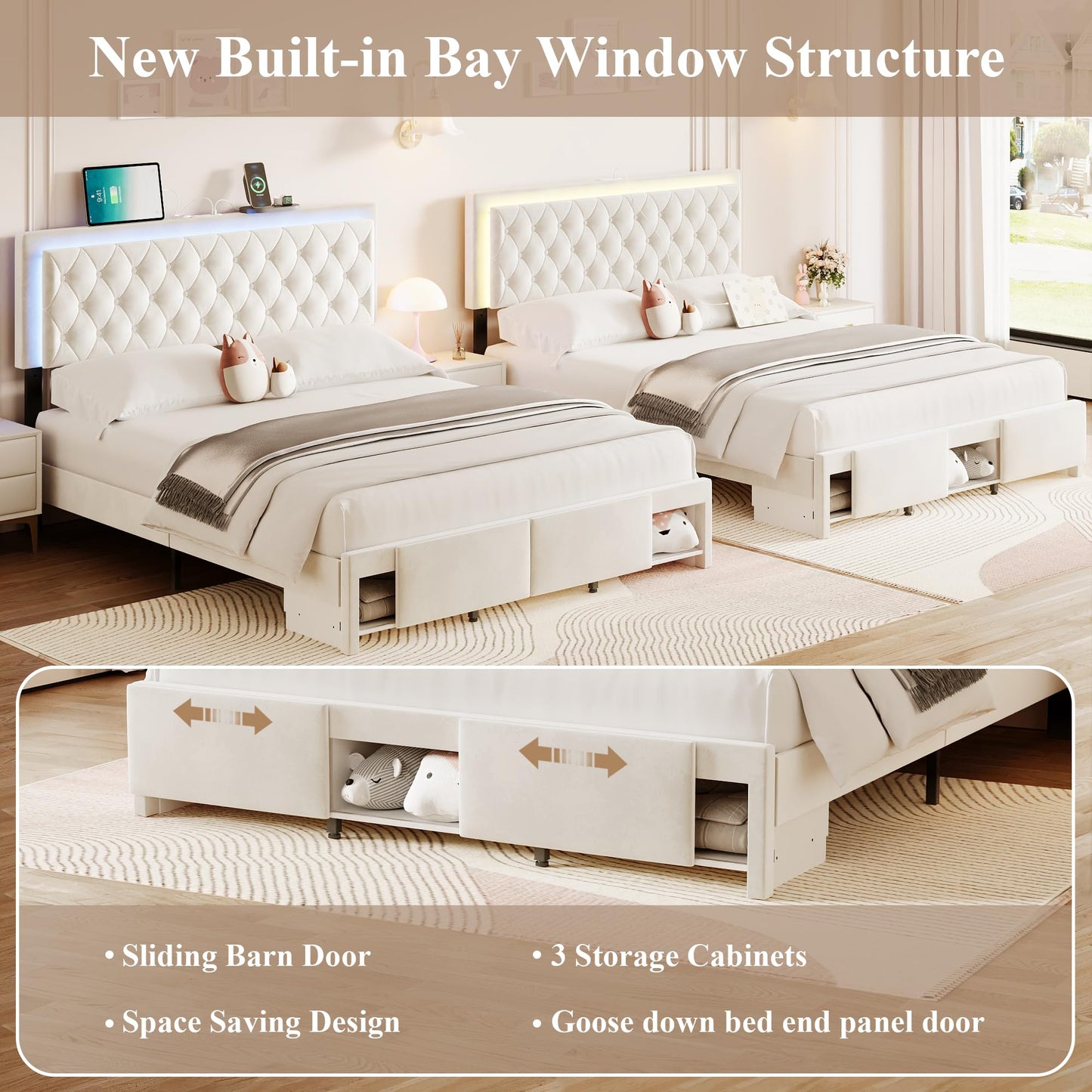 MARMONS Queen Bed Frame with Button Tufted Headboard, Queen Size Upholstered Platform Bed Frame with LED Lights/Charging Station/Footboard Storage, Wooden Slats, No Box Spring Needed, White