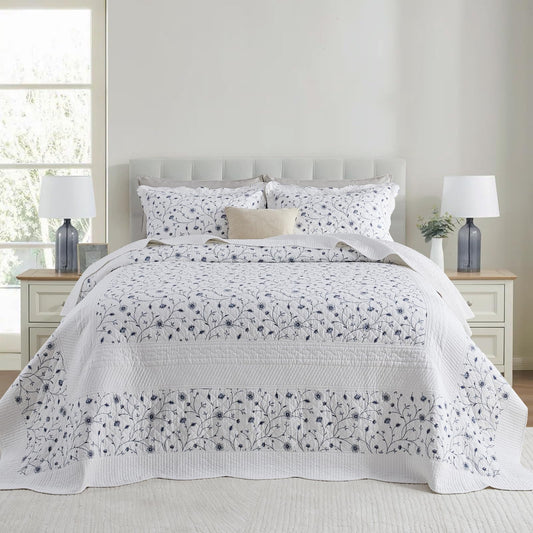 CozyStitch Floral Bedspread 128"x120" Oversized King Bedspread, 100% Cotton Oversized King Quilt with 2 Pillowshams, Lightweight Vintage Quilted Bedspreads Coverlet Sets, White/Blue, 3 Pcs