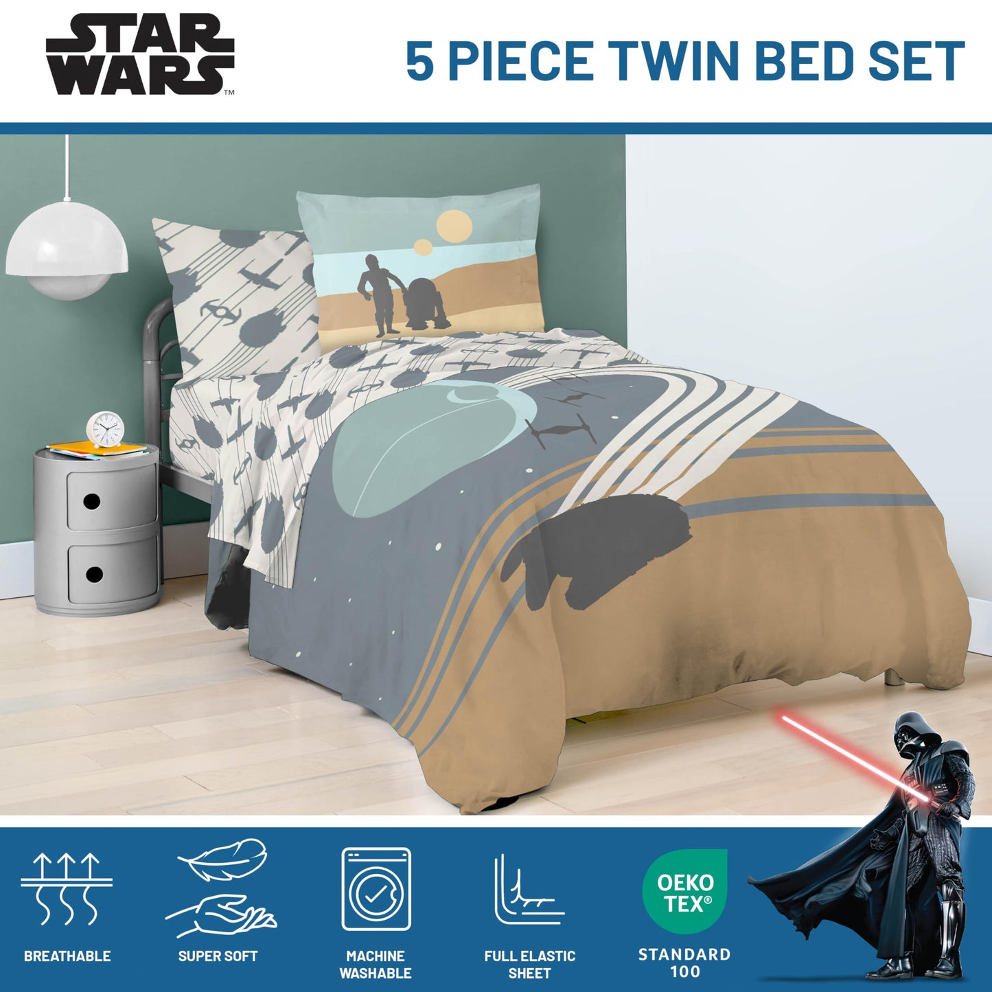 Jay Franco Star Wars Twin Size Comforter Set - 5 Piece Bedding Includes Sheet Set & Pillow Covers - Super Soft Cozy Bedding with Death Star and Millennium Falcon