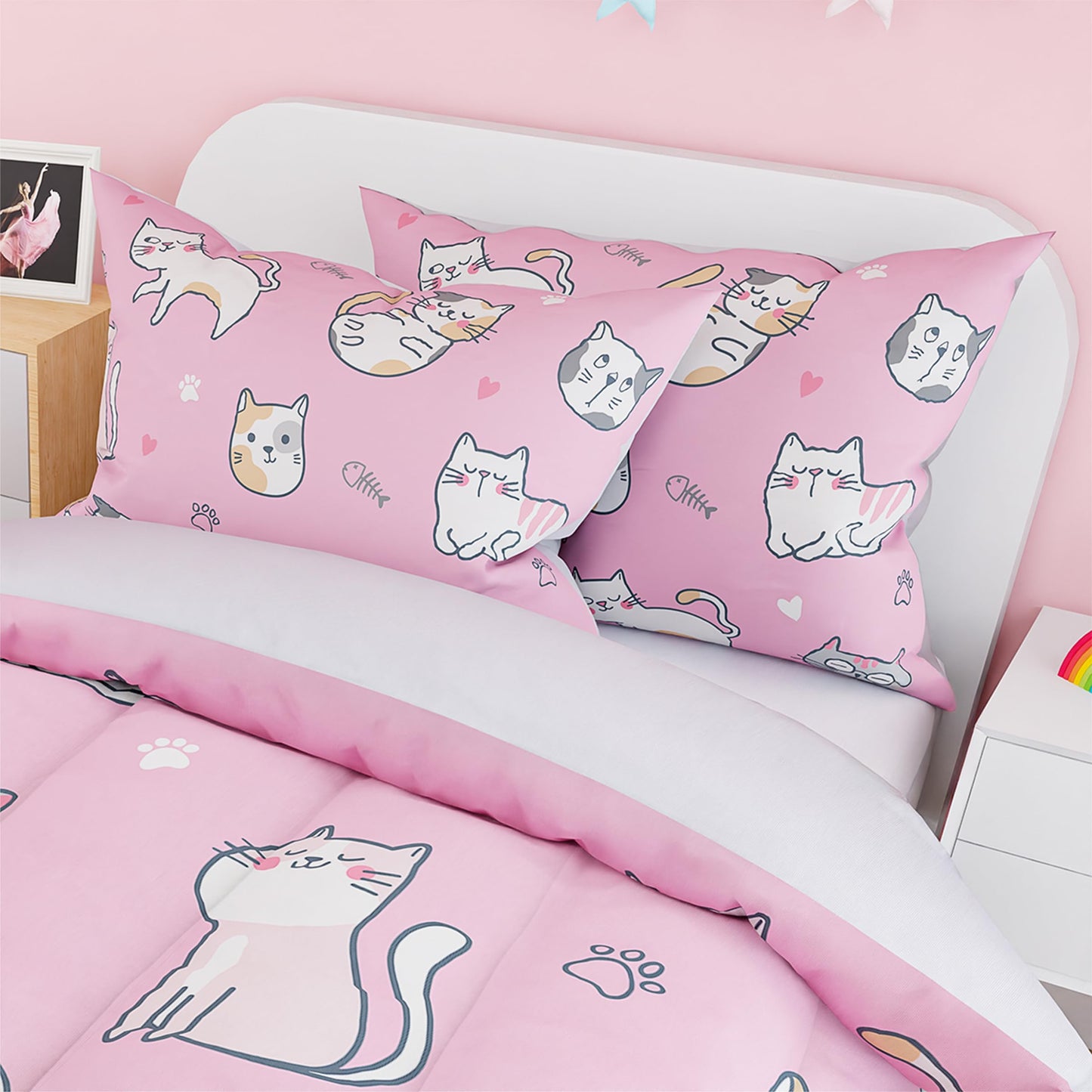 SANDJEST Cat Duvet Cover Sets Full Size for Kids Girls, Incude 1 Polyester Comforter Cover 80x90 Inches and 2 Pillowcases 20x26 Inches, Comforter Not Included, Gift for Christmas Birthday