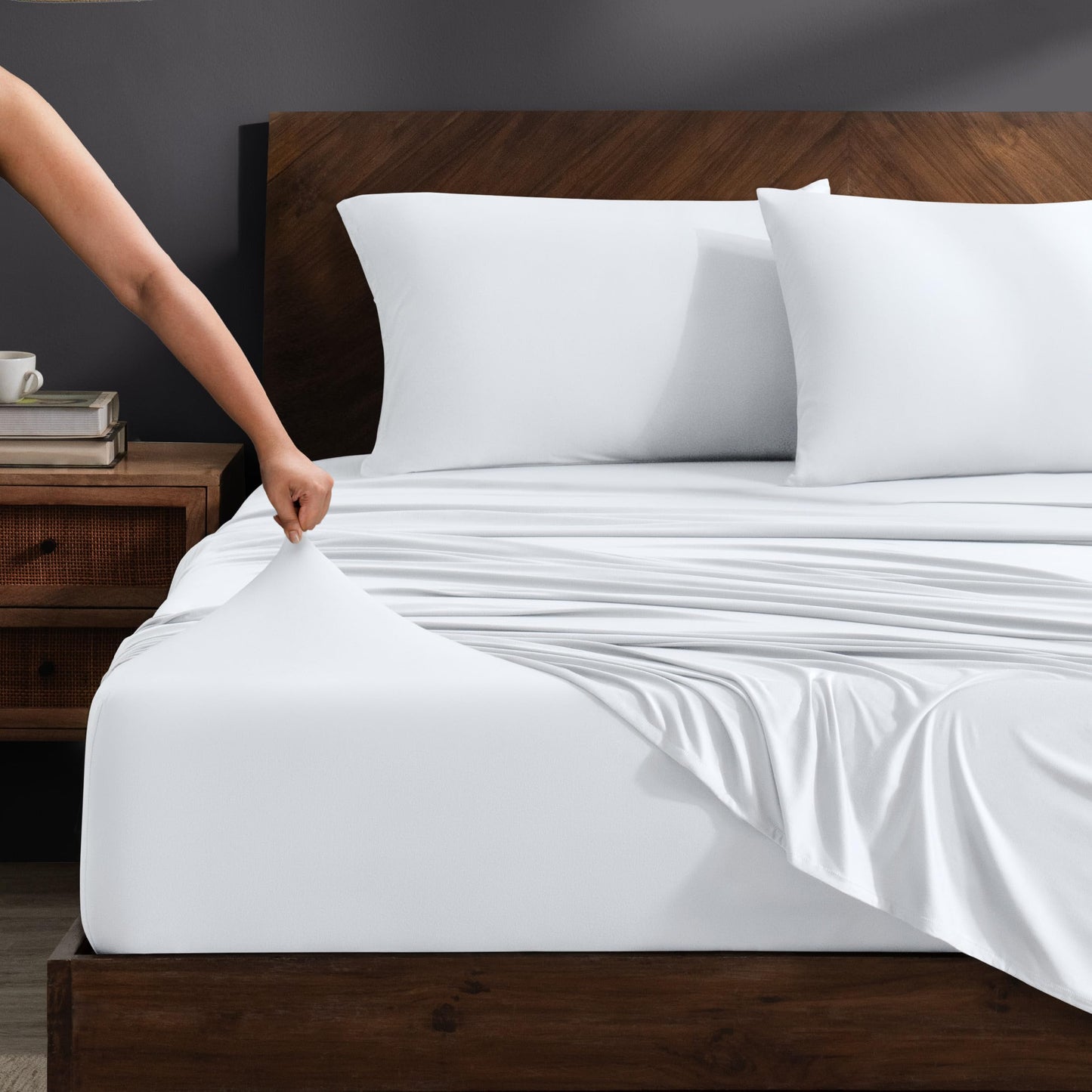 Bare Home Cooling Performance Jersey Knit Stretch Sheet Set, Moisture-Wicking & Breathable, 4-Way Stretch Bed Sheets, Envelope Pillowcases (Full, White)