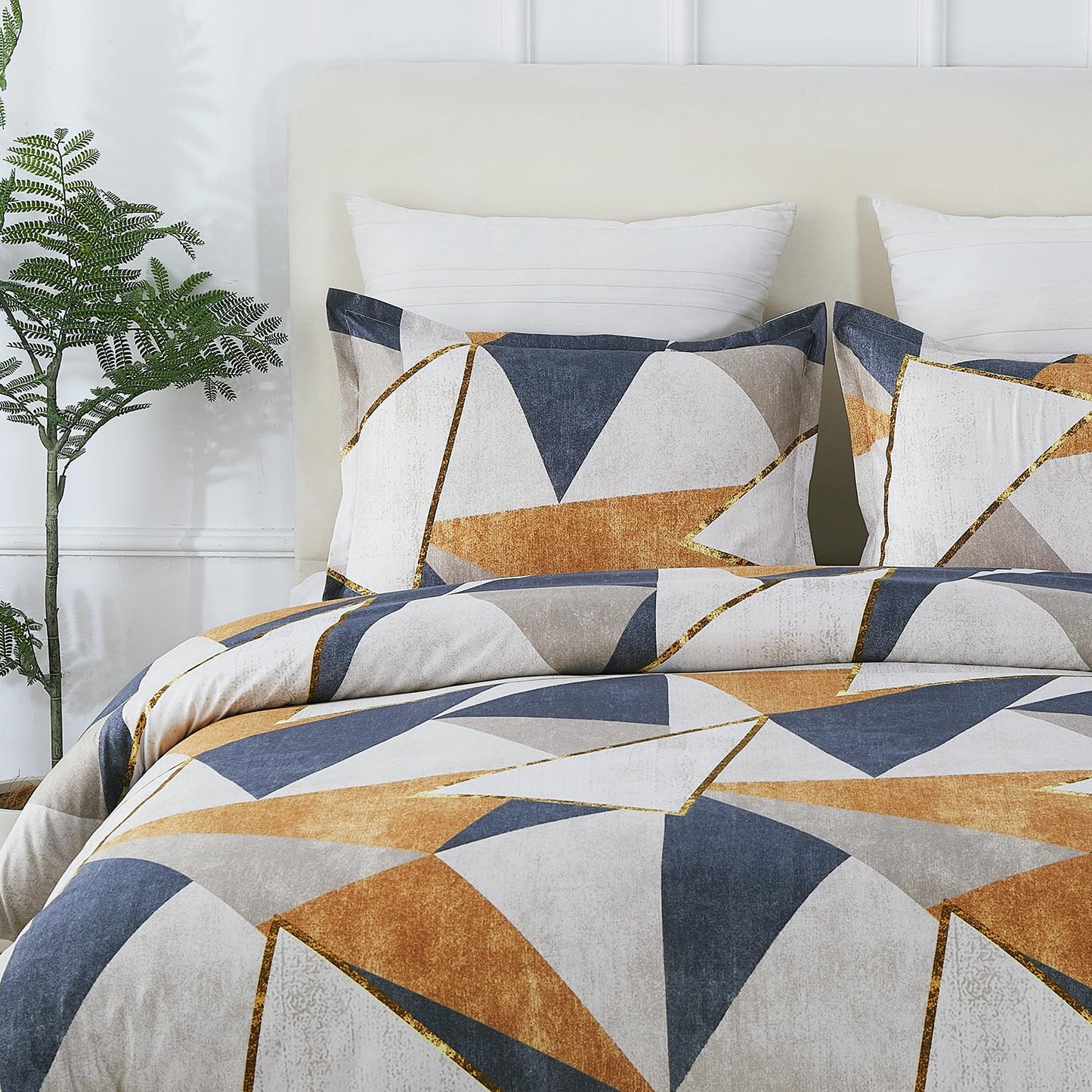 Vaulia Soft Microfiber Duvet Cover Set Queen, Modern Navy Brown Geometric Print Pattern Design All Season, 3-Piece Set with 1 Duvet Cover 2 Pillow Shams