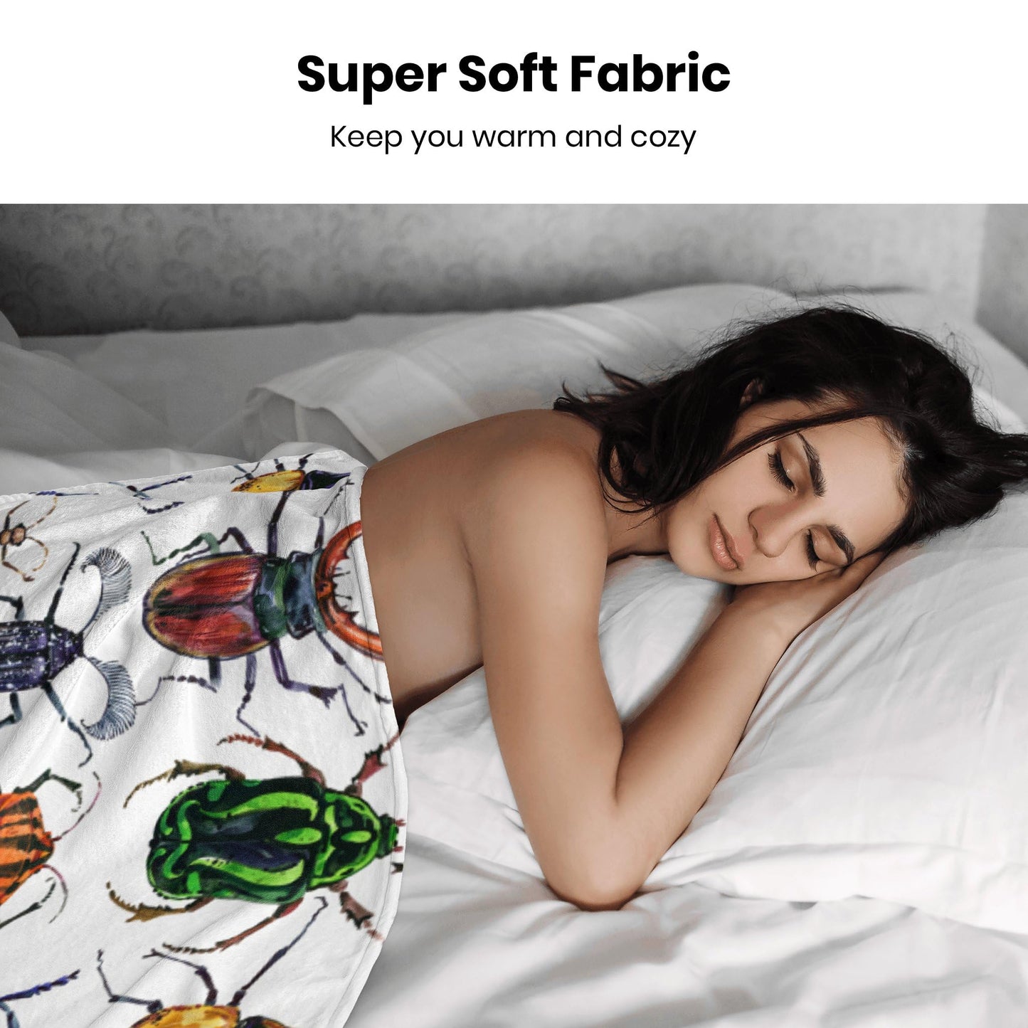 Colorful Beetle Insect Print Blanket 60"x80" - Ultra Soft Flannel Fleece Throw for Adults & Kids, Bug Lover Gift, Cozy Lightweight Blankets for Couples & Children, All-Season for Bed/Couch/Camping